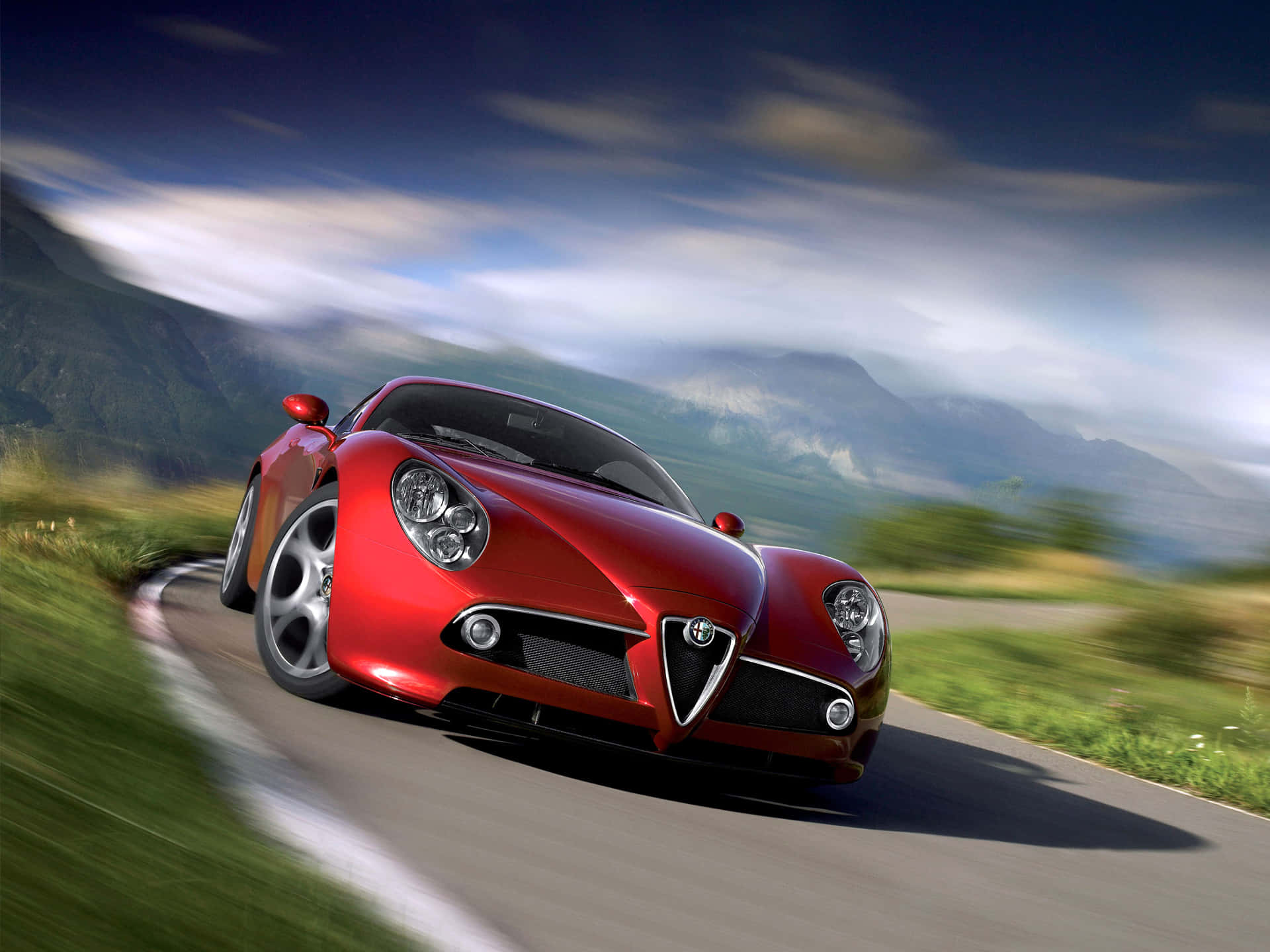 Alfa Romeo 8C Competizione, red, winding mountain road, Full HD Desktop Wallpaper