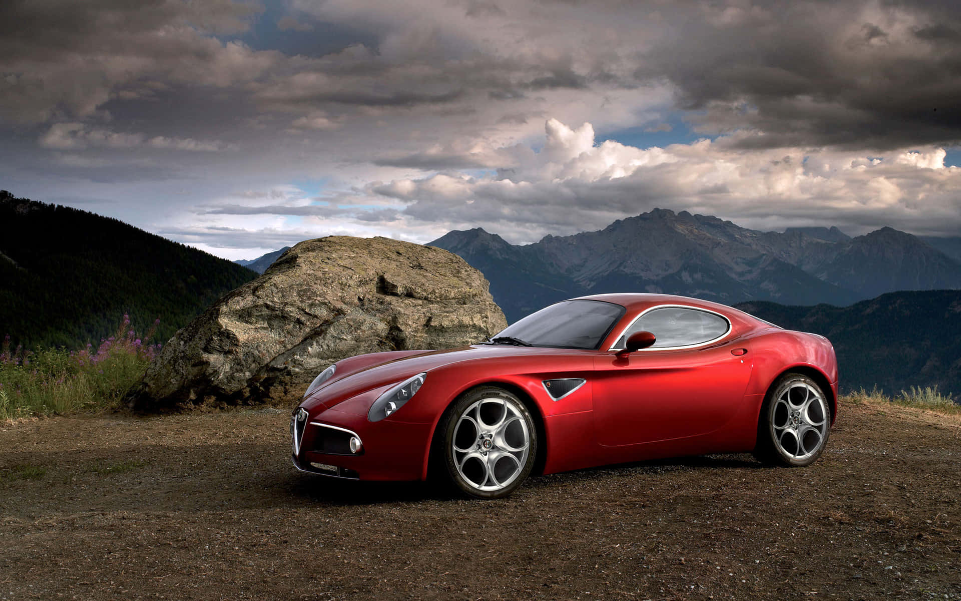 Alfa Romeo 8c Competizione, glossy red, mountain ridge, Full HD Desktop Wallpaper