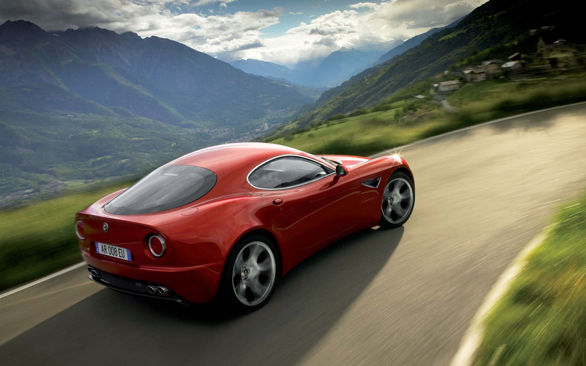 Alfa Romeo 8C Competizione, vibrant red, winding mountain road, Full HD Desktop Wallpaper