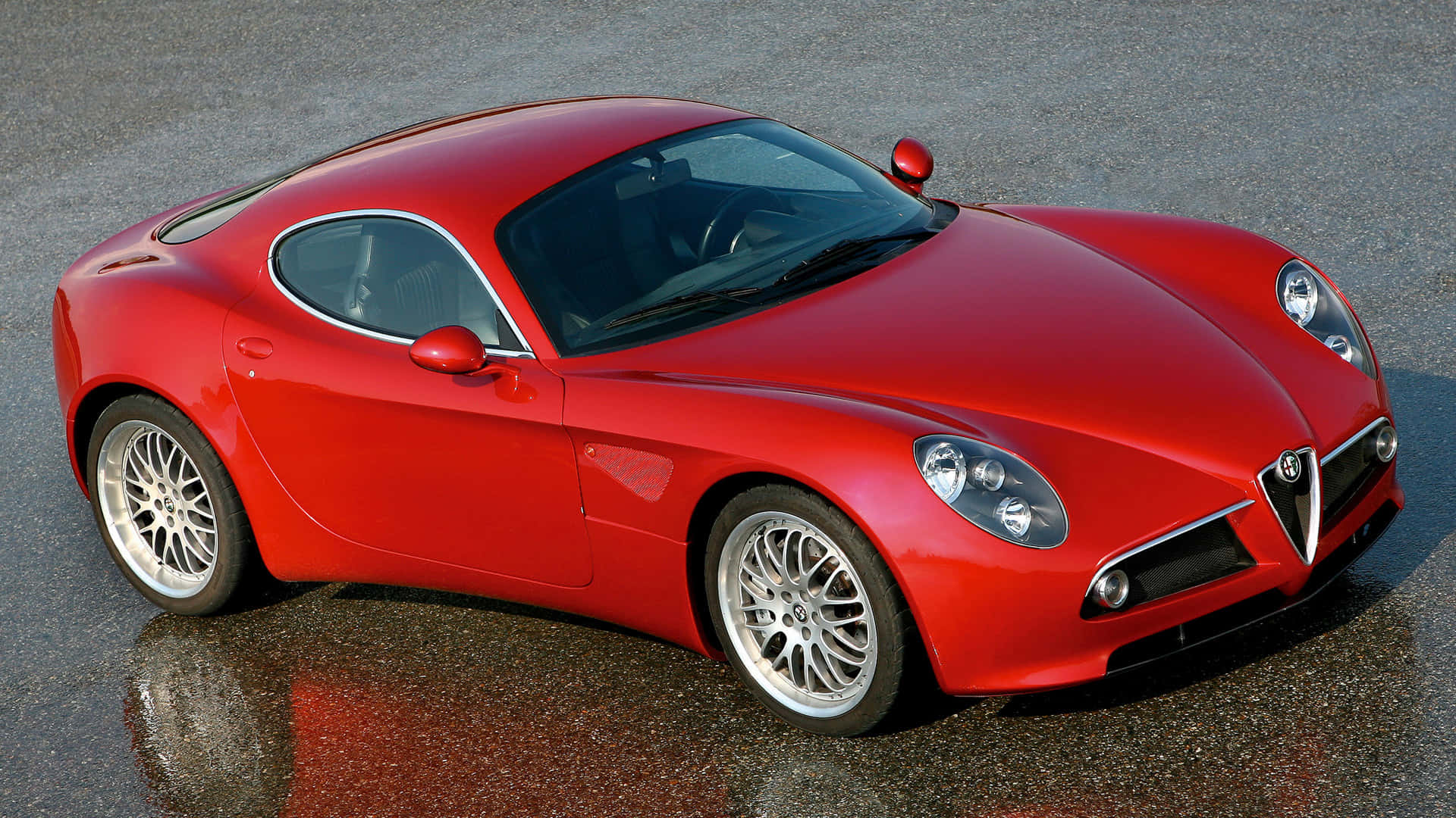 Alfa Romeo 8c Competizione, glossy red, wet asphalt, Full HD Desktop Wallpaper