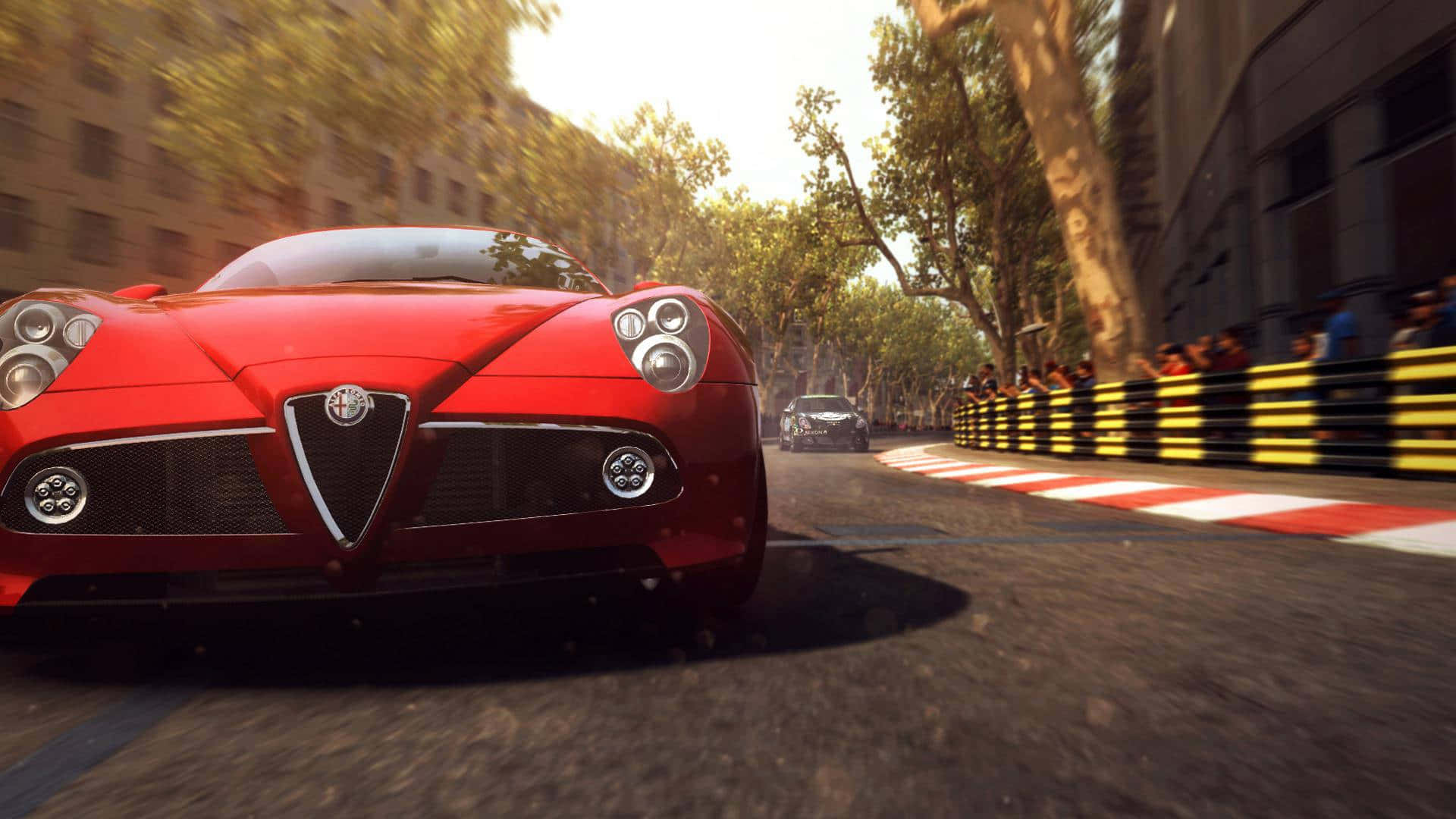 Alfa Romeo 8C Competizione, red, tree-lined urban street, Full HD Desktop Wallpaper
