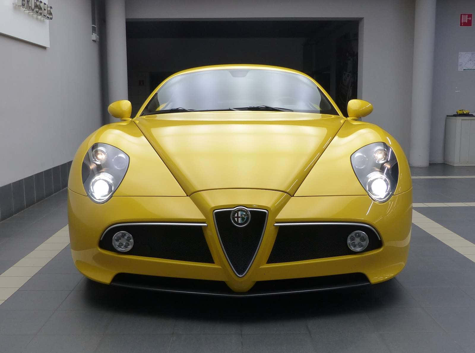 Alfa Romeo 8c Competizione, vibrant yellow, sleek modern garage, HD Desktop Wallpaper