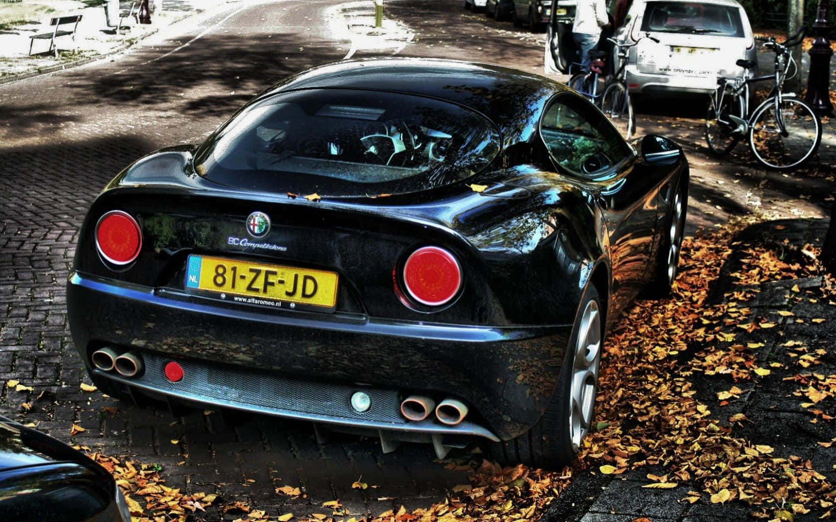 Alfa Romeo 8c Competizione, glossy black, cobblestone street, HD Desktop Wallpaper