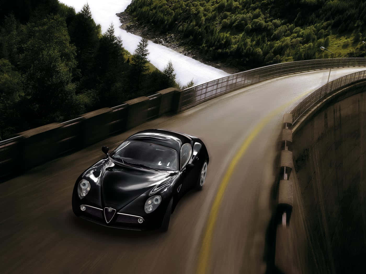 Alfa Romeo 8C Competizione, black, winding mountain road, HD Desktop Wallpaper