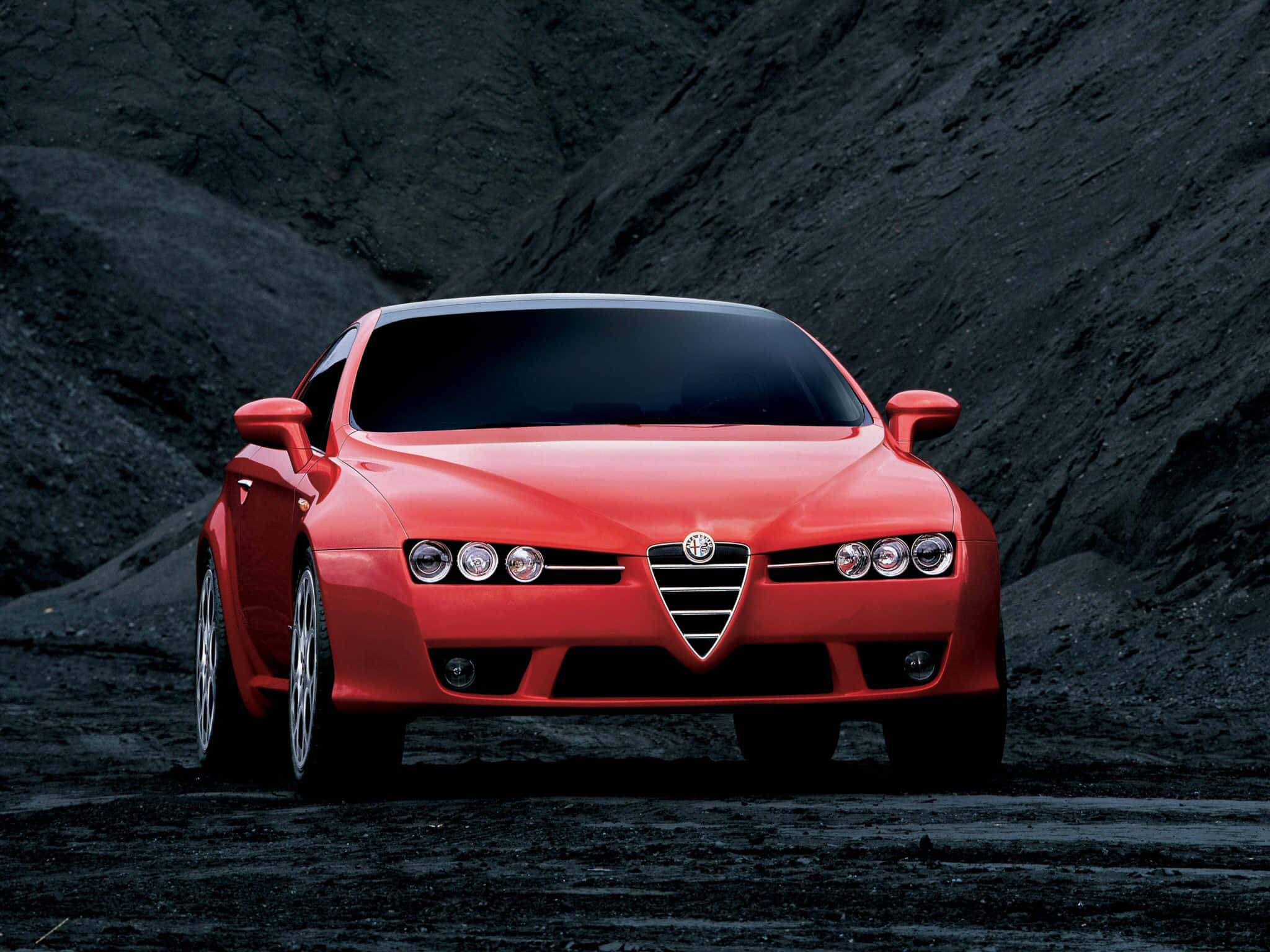 Alfa Romeo Brera, vibrant red, stark black volcanic rock backdrop, Full HD Desktop Wallpaper
