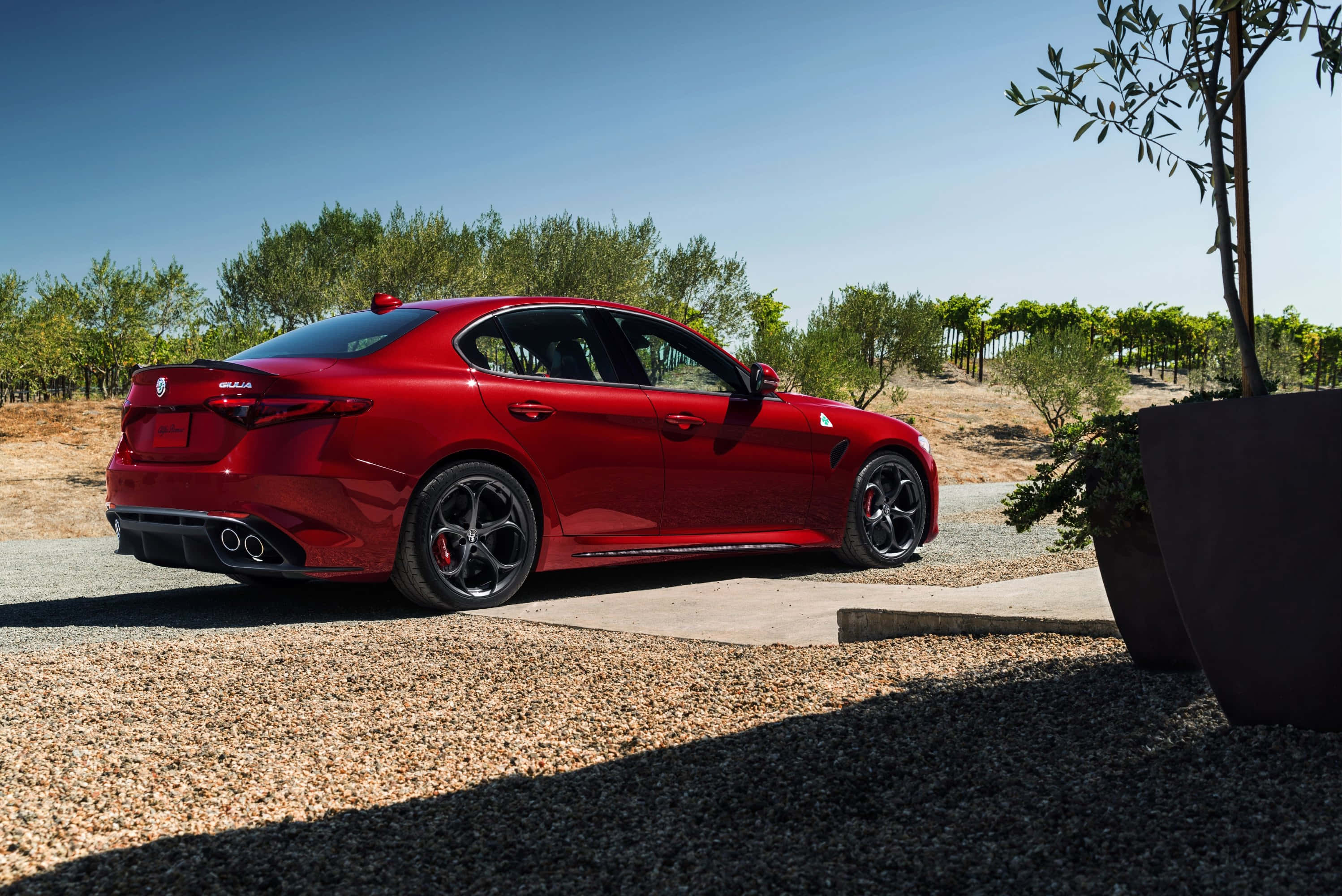 Alfa Romeo Giulia, glossy red, gravel, 2K Desktop Wallpaper