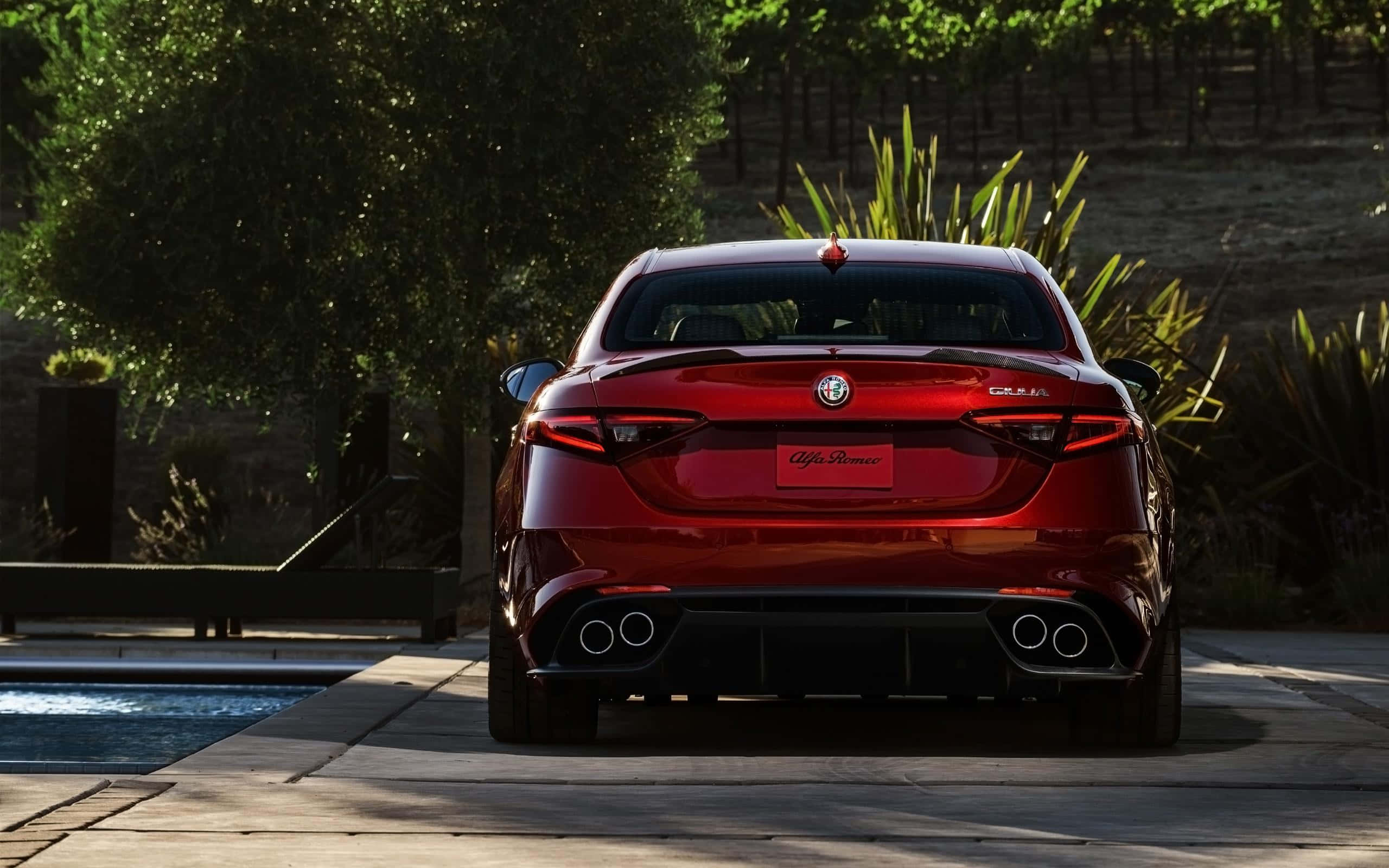 Alfa Romeo Giulia, glossy red, scenic road, 2K Desktop Wallpaper