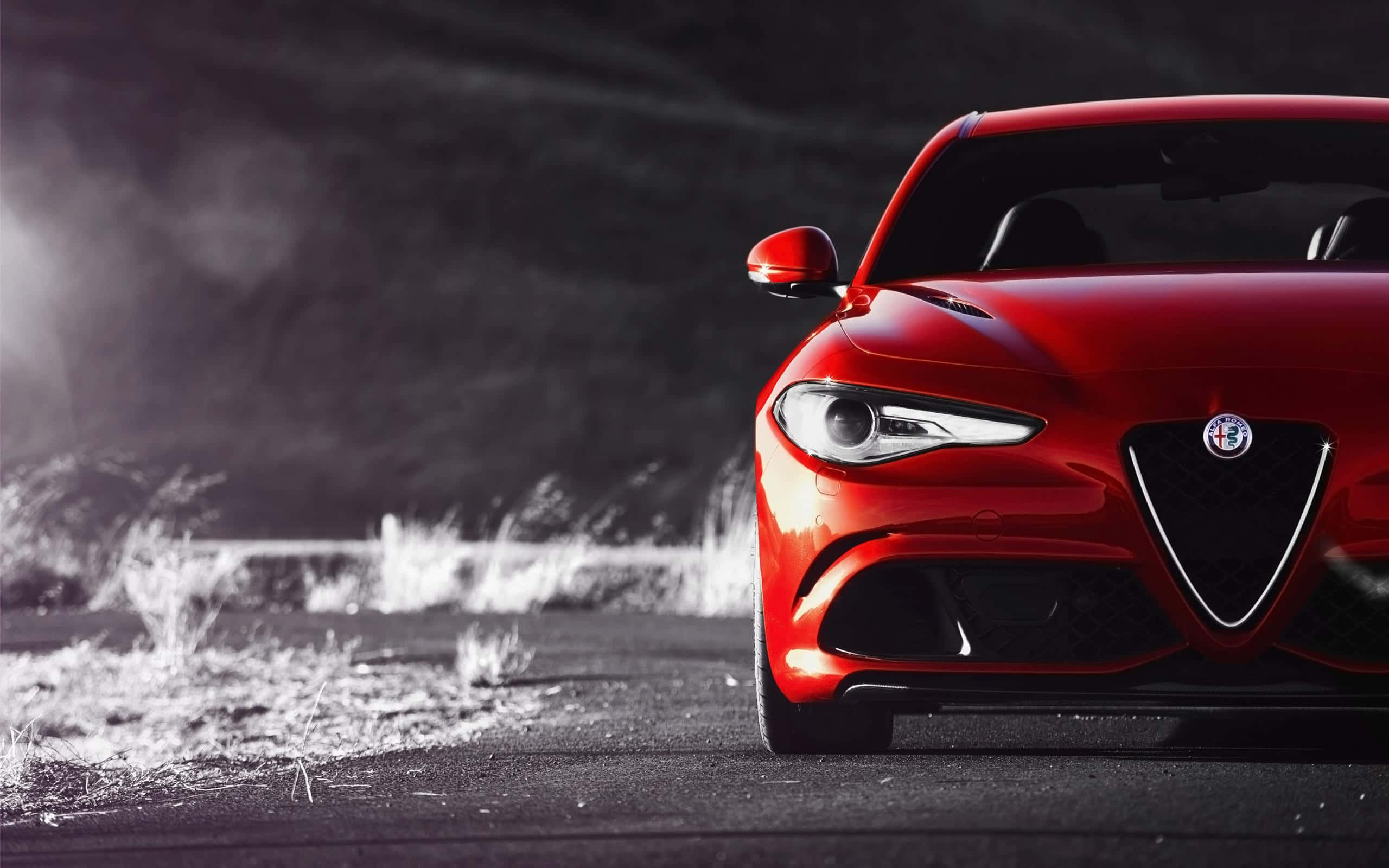 Alfa Romeo Giulia, red, dark road, 2K Desktop Wallpaper