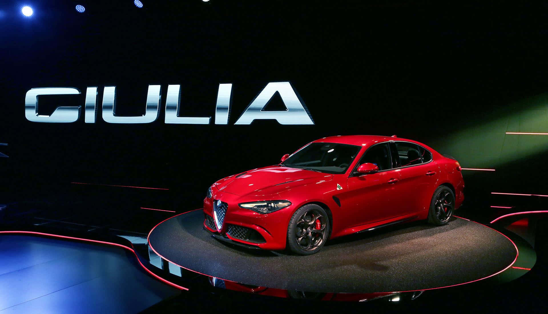 Alfa Romeo Giulia, glossy red, circular stage, Full HD Desktop Wallpaper