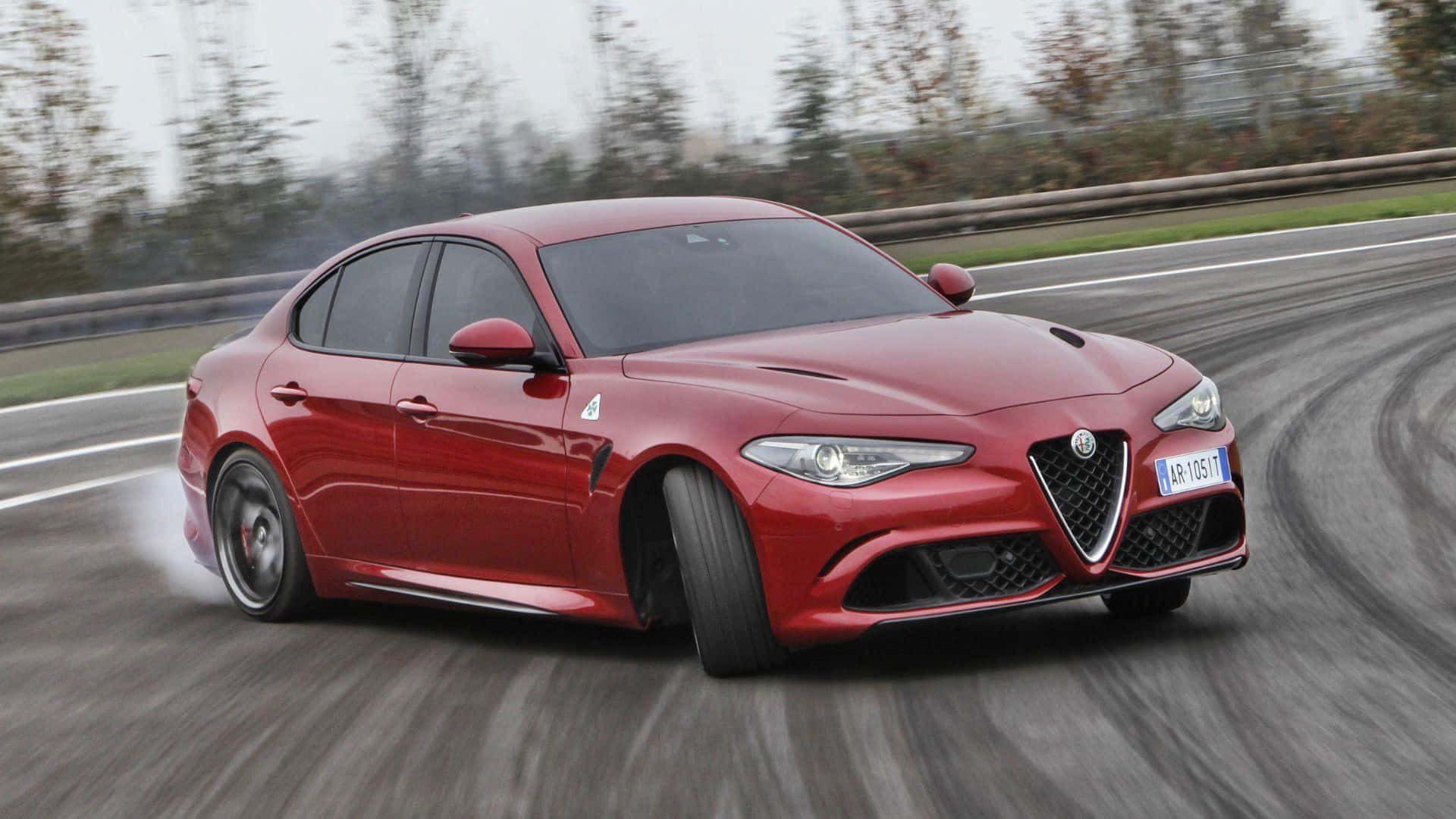 Alfa Romeo Giulia, vibrant red, wet racetrack, Full HD Desktop Wallpaper