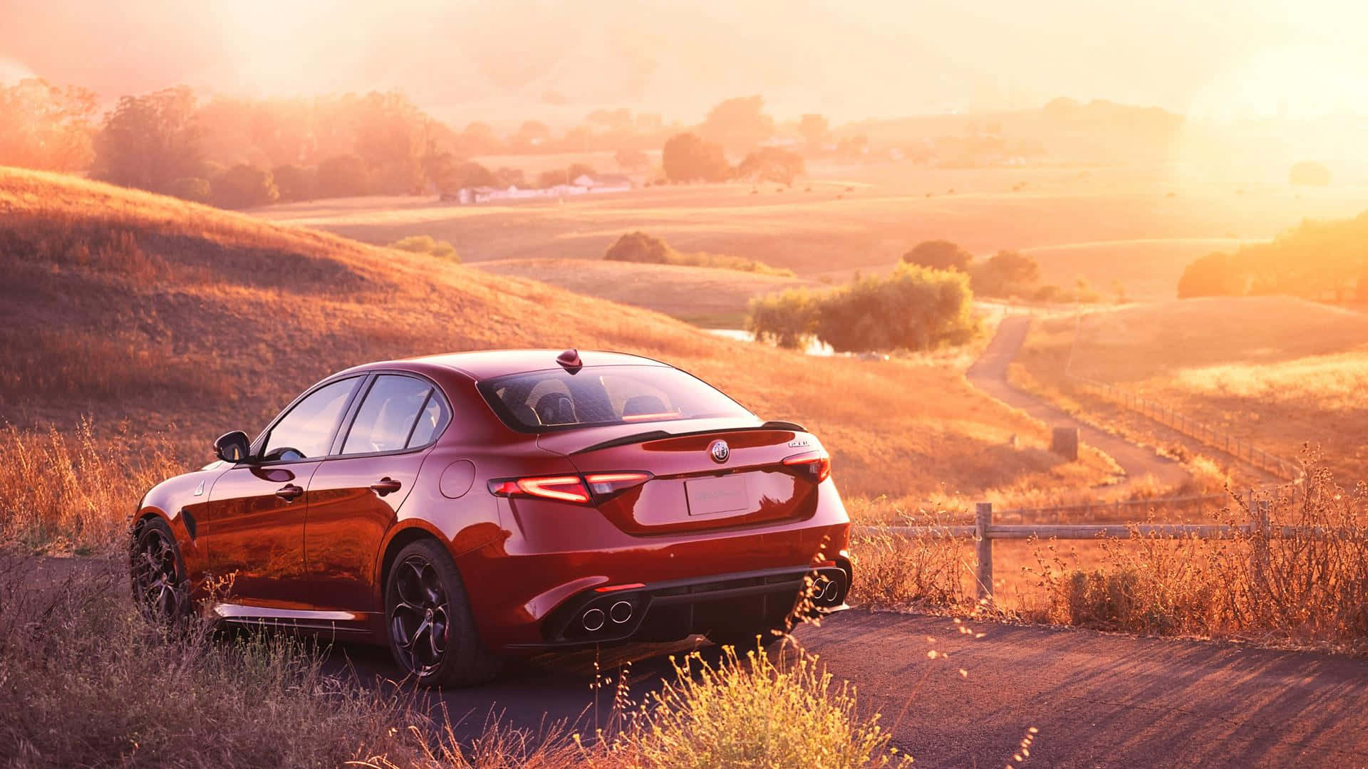 Alfa Romeo Giulia, glossy red, rural road, Full HD Desktop Wallpaper