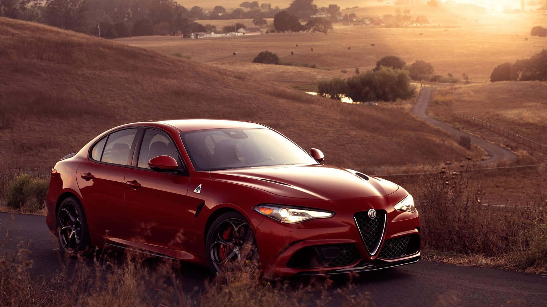 Alfa Romeo Giulia, glossy red, winding rural road, Full HD Desktop Wallpaper