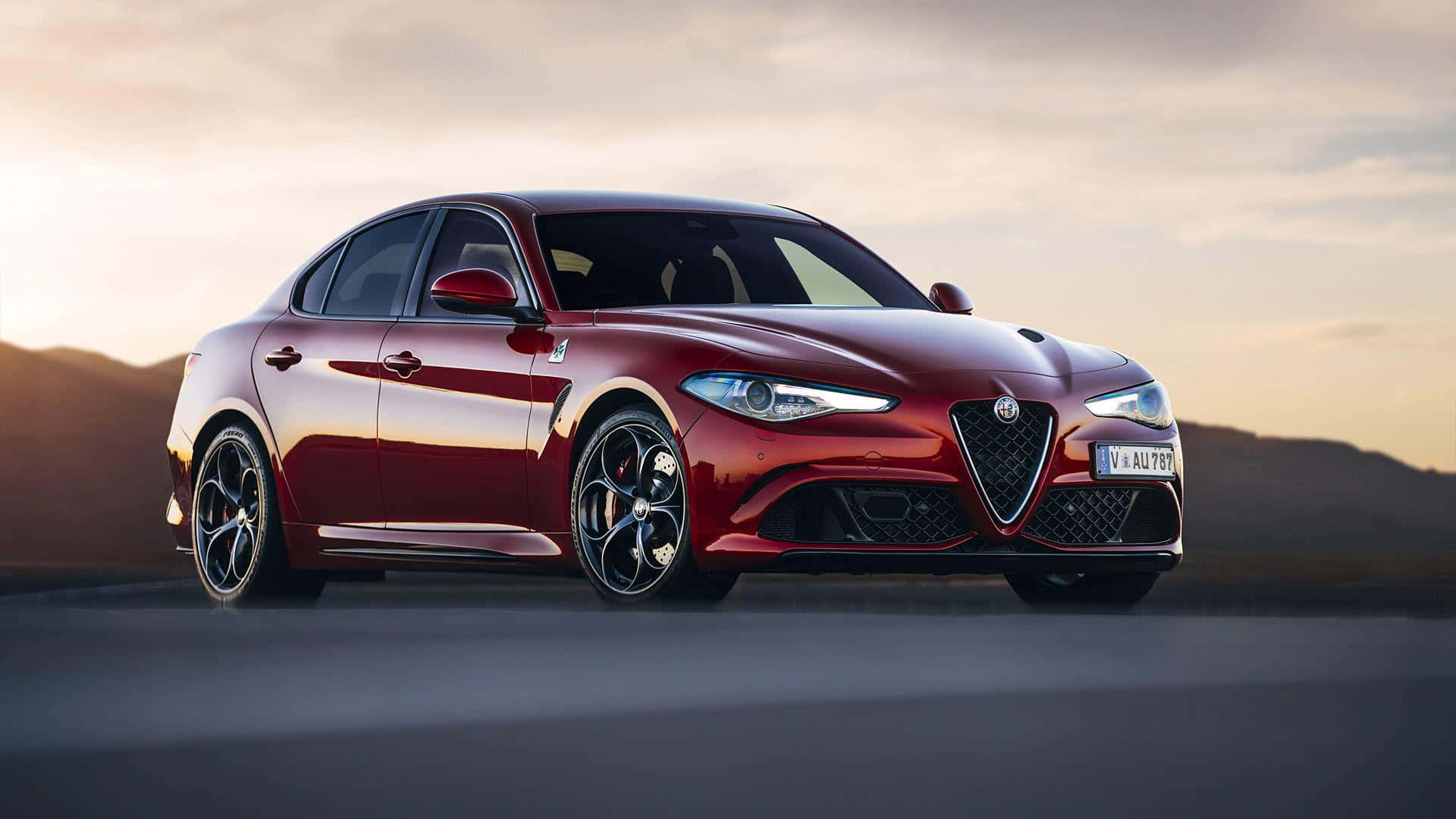 Alfa Romeo Giulia, glossy red, golden sunset light, Full HD Desktop Wallpaper