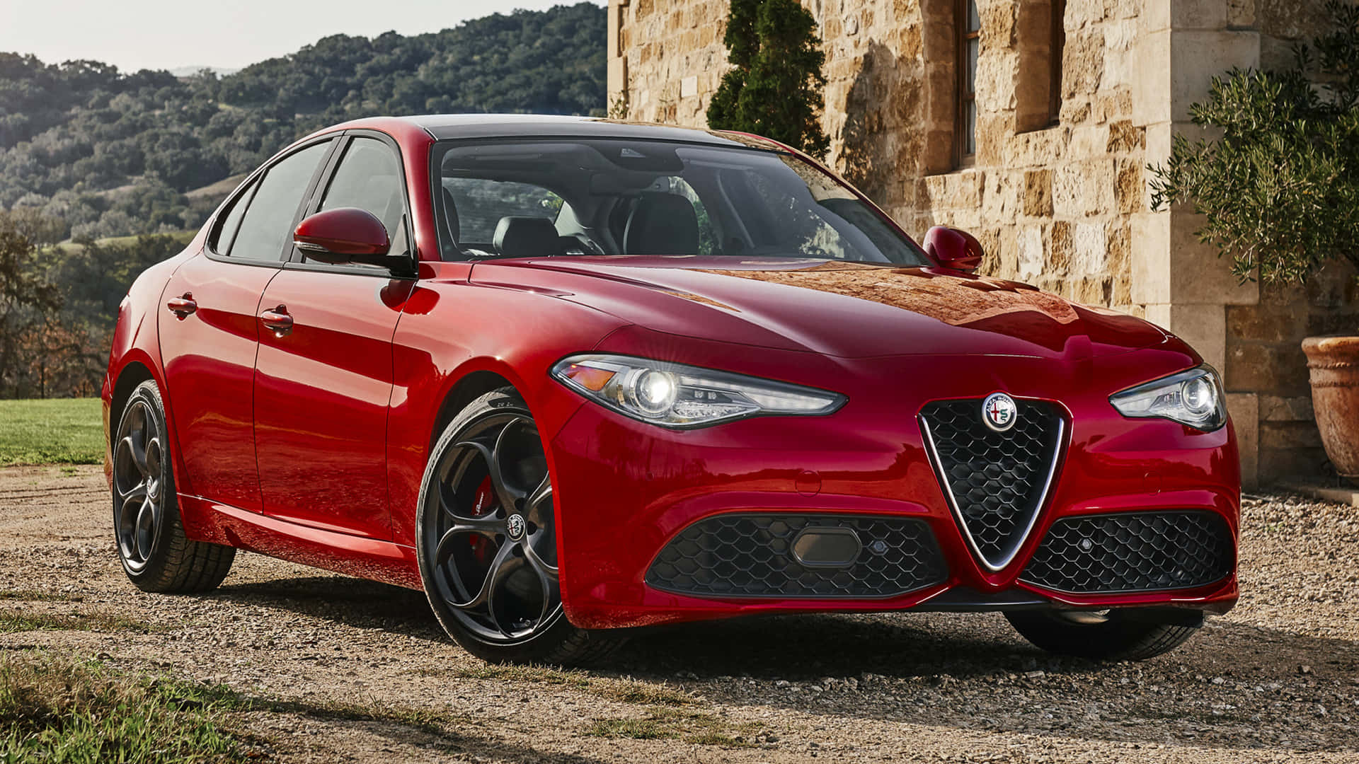 Alfa Romeo Giulia, glossy red, mountain road, Full HD Desktop Wallpaper