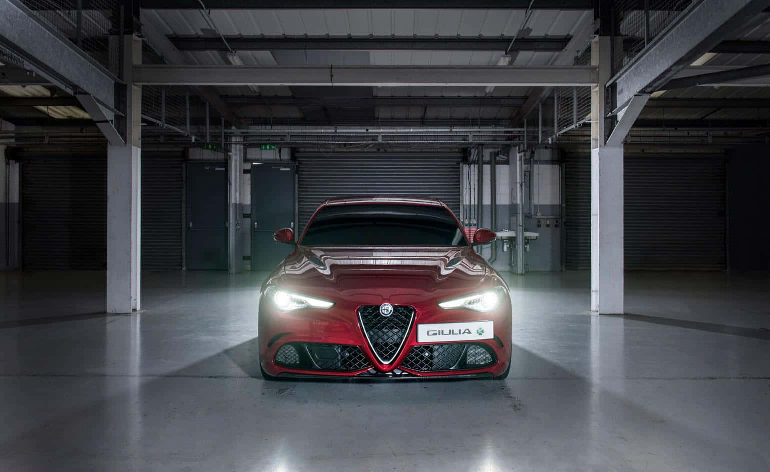Alfa Romeo Giulia, glossy red, bright headlights, HD Desktop Wallpaper