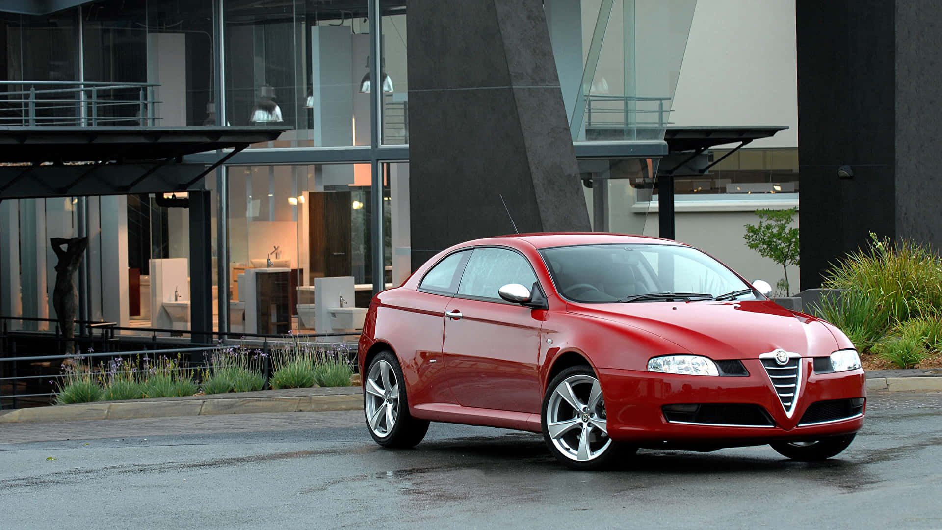 Alfa Romeo GT, glossy red, wet pavement, Full HD Desktop Wallpaper