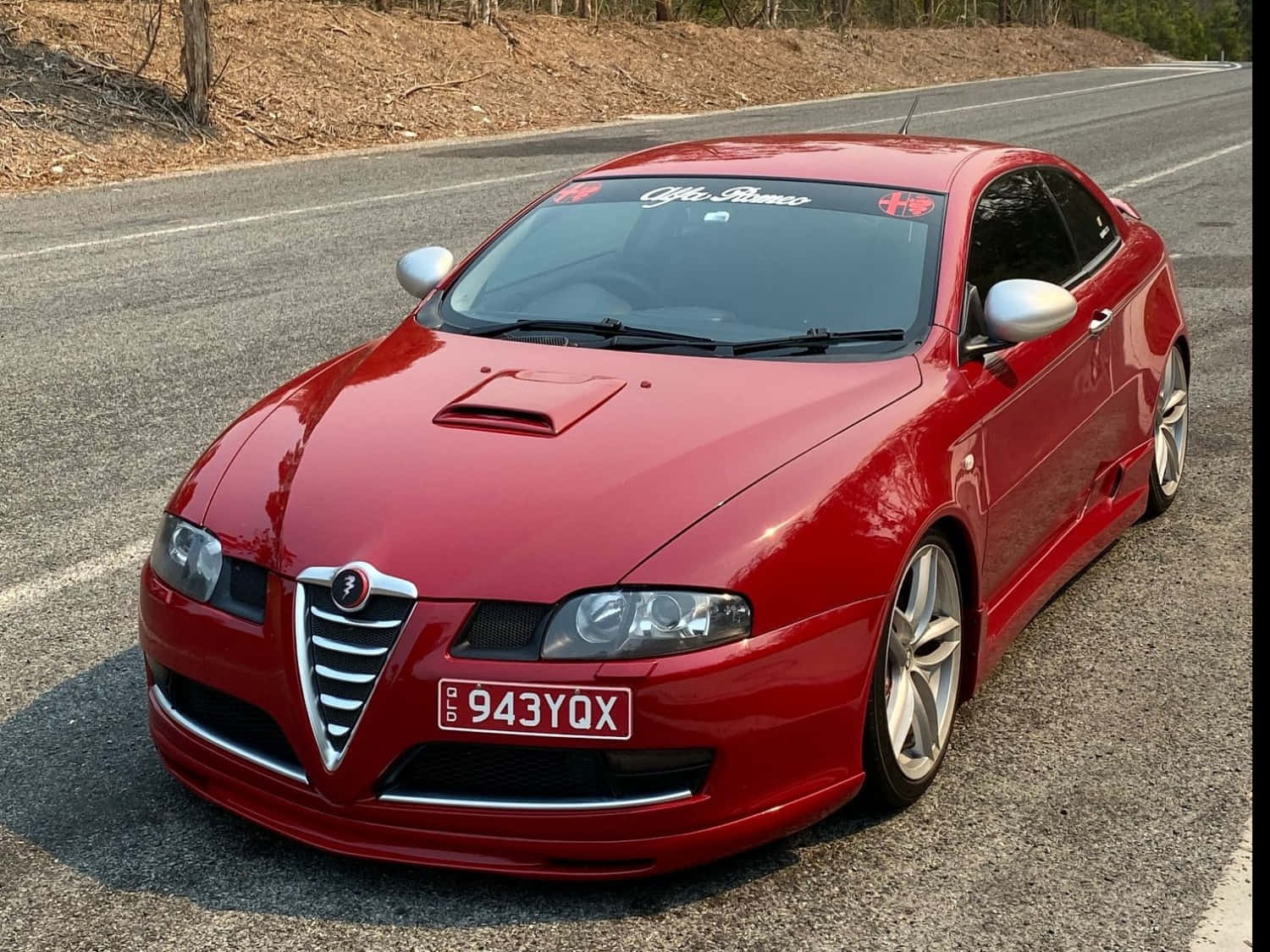 Alfa Romeo GT, glossy red, sunlit asphalt road, HD Desktop Wallpaper