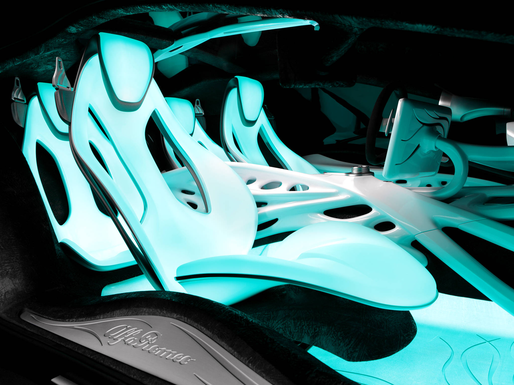 Alfa Romeo, glowing turquoise seats, sleek white contours, Full HD Desktop Wallpaper