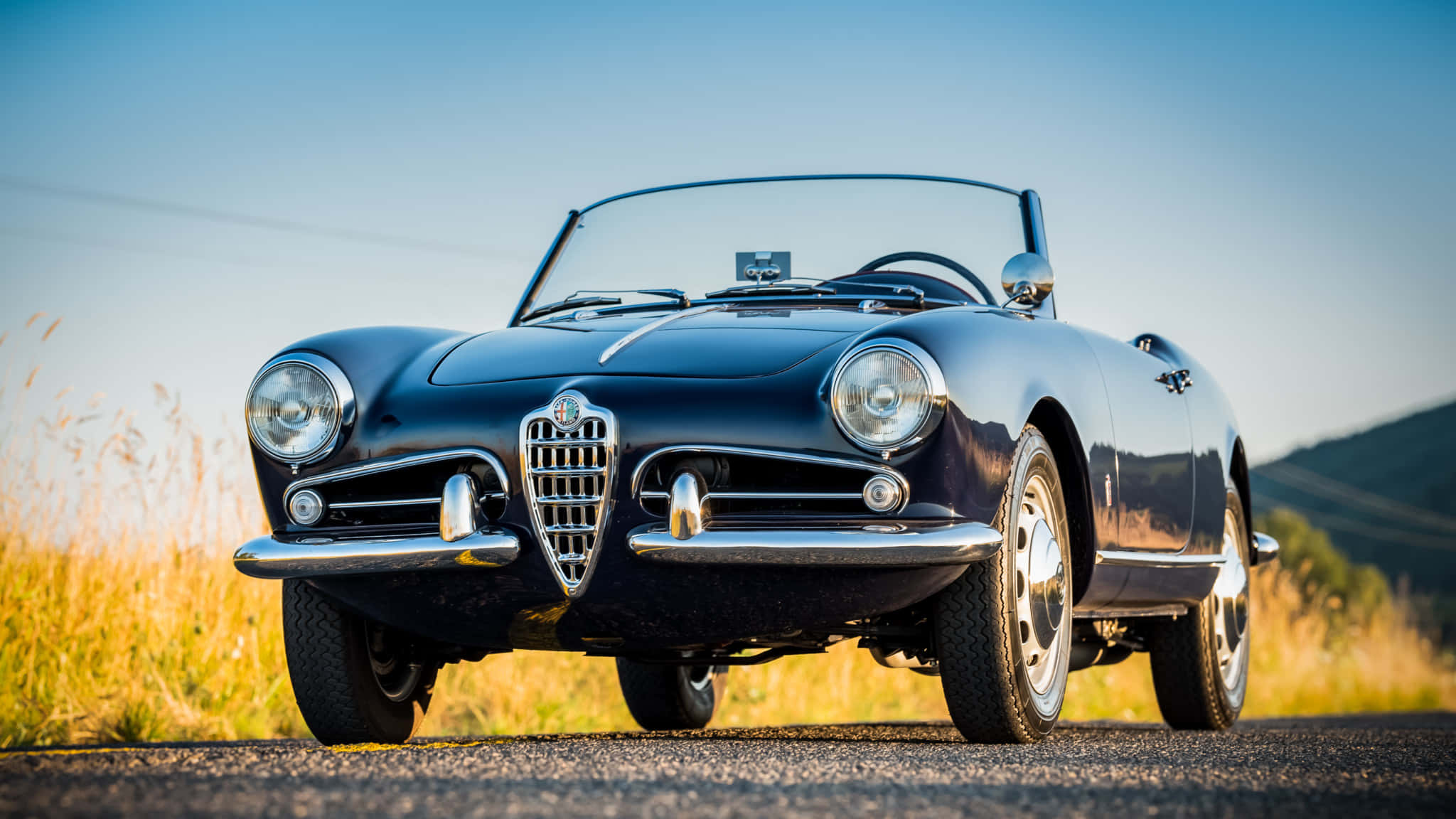 Alfa Romeo Spider, black, sunlit rural road, Full HD Desktop Wallpaper