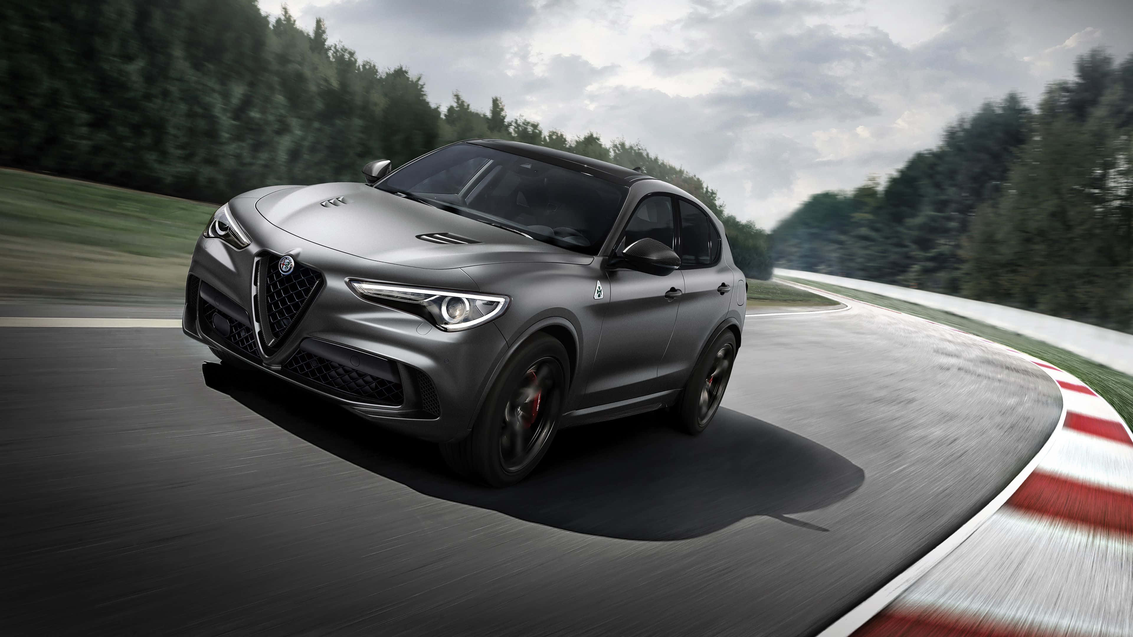 Alfa Romeo Stelvio, matte gray, winding racetrack, 4K Desktop Wallpaper