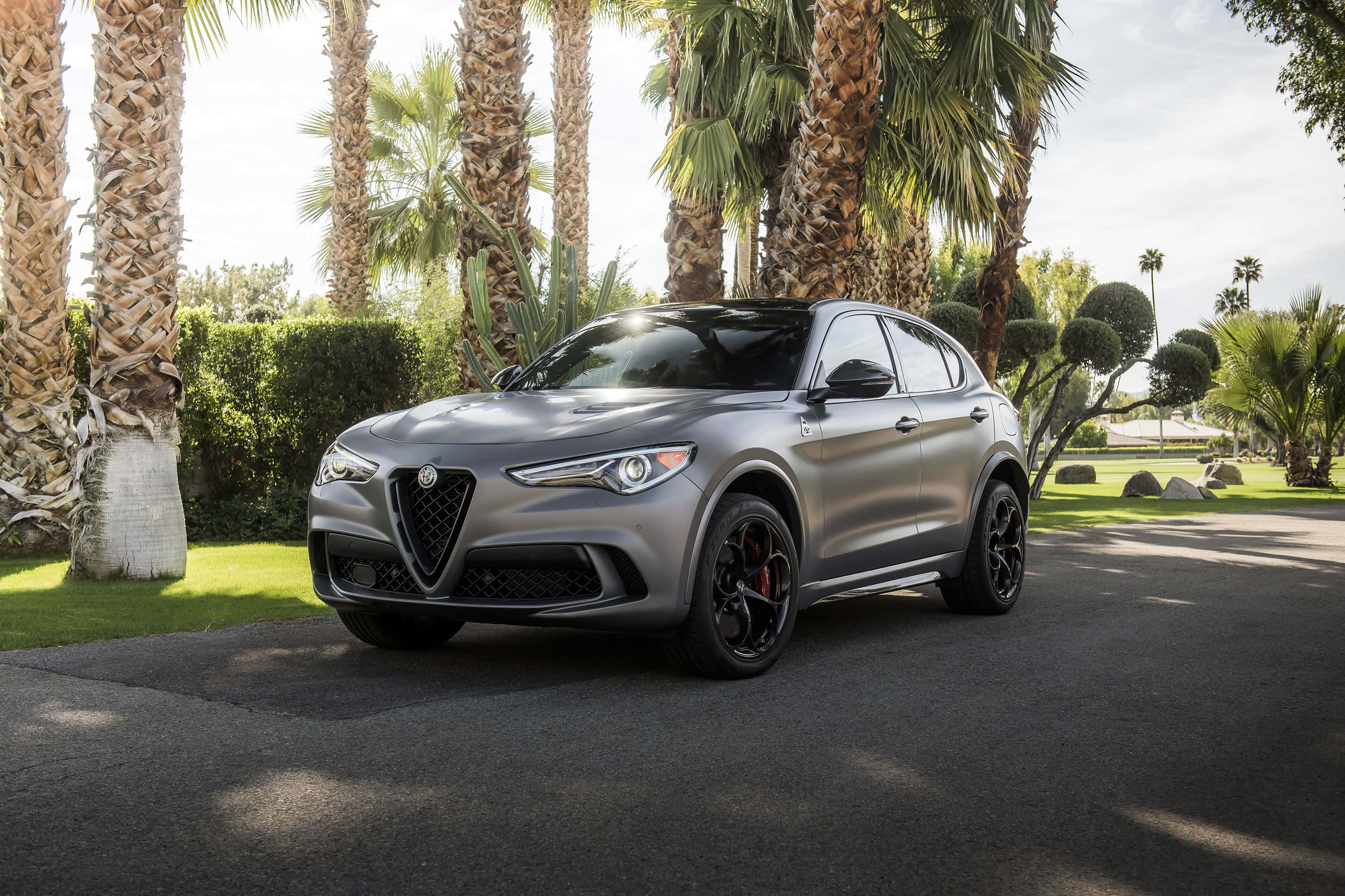 Alfa Romeo Stelvio, matte gray, paved driveway, 2K Desktop Wallpaper