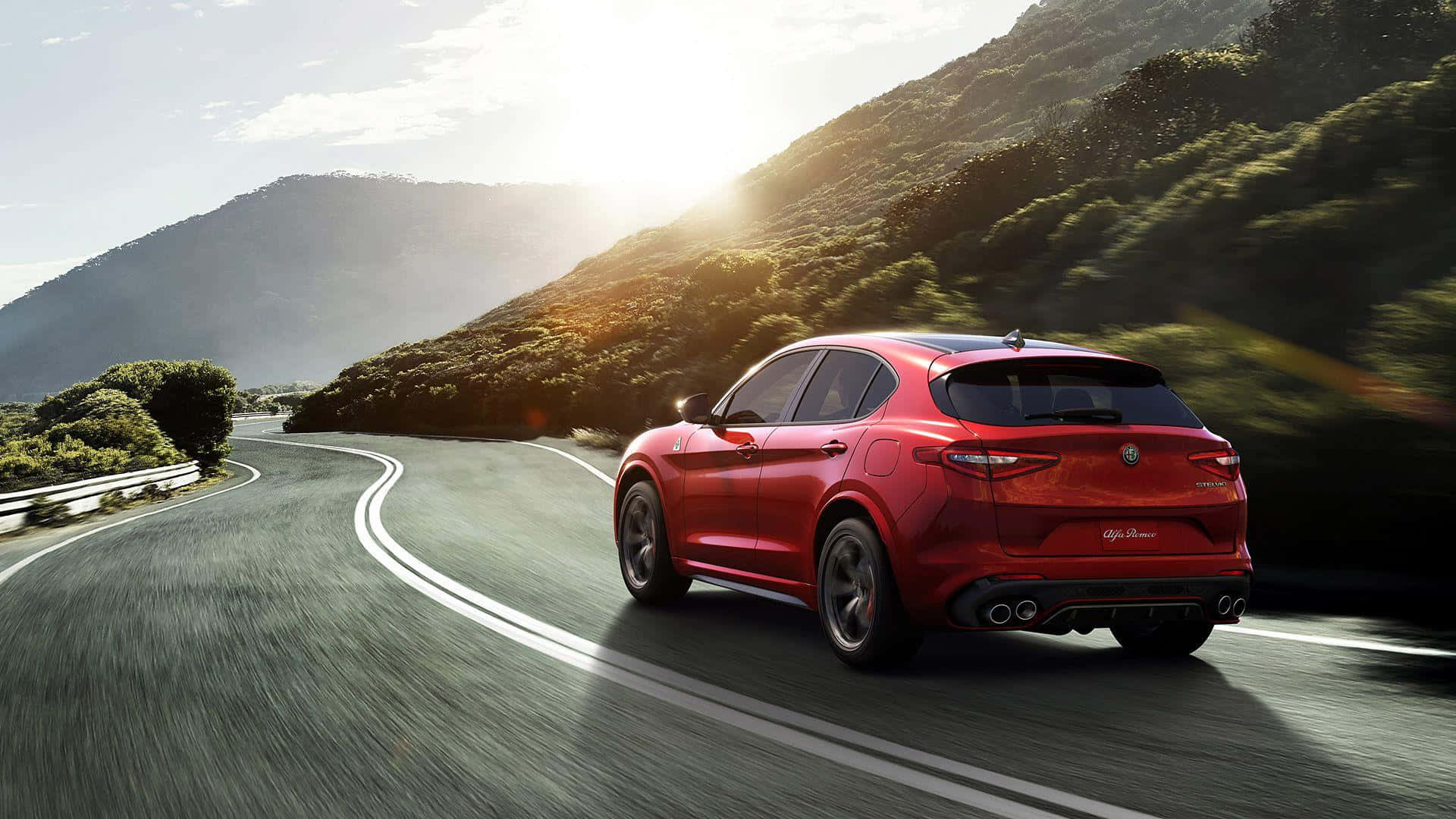 Alfa Romeo Stelvio, vibrant red, winding mountain road, Full HD Desktop Wallpaper