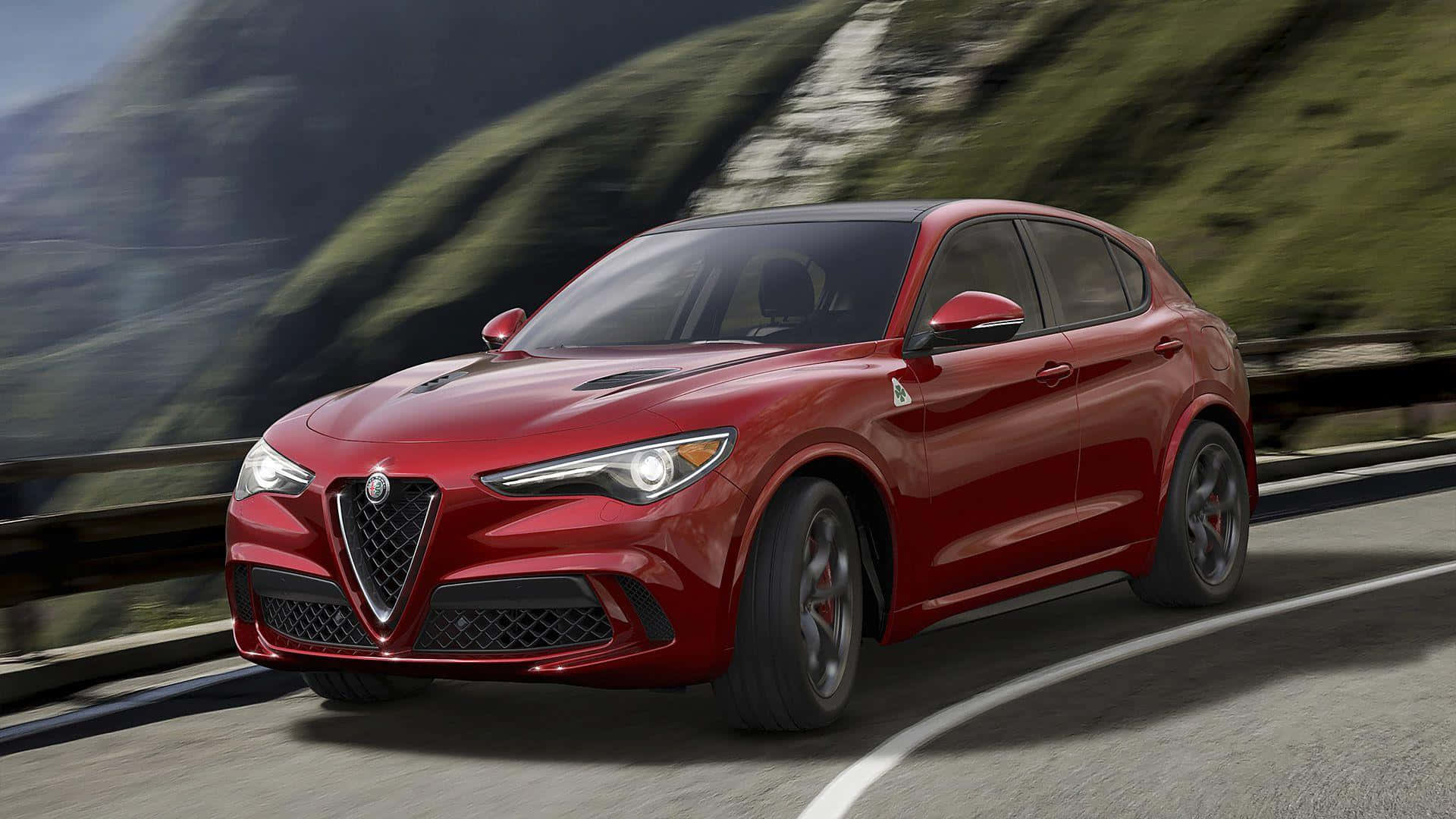 Alfa Romeo Stelvio, vibrant red, winding mountain road, Full HD Desktop Wallpaper