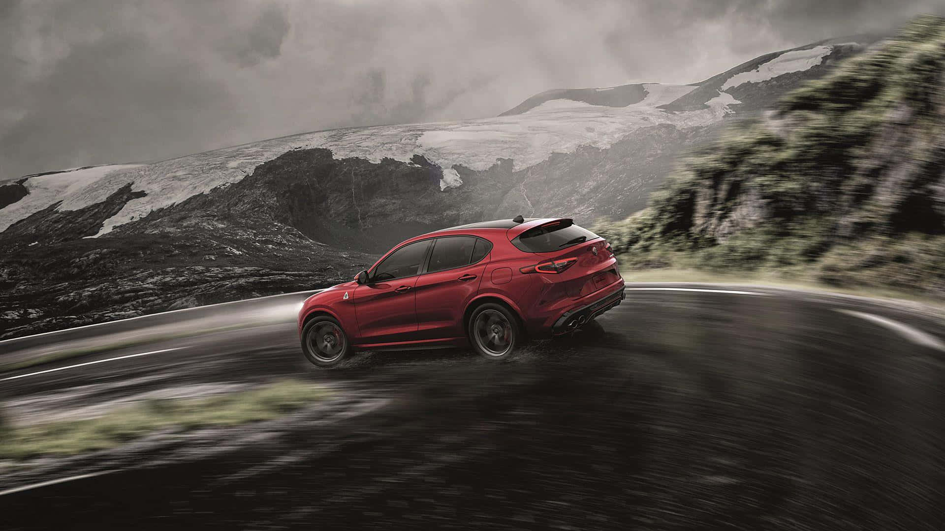 Alfa Romeo Stelvio, vibrant red, winding mountain road, Full HD Desktop Wallpaper