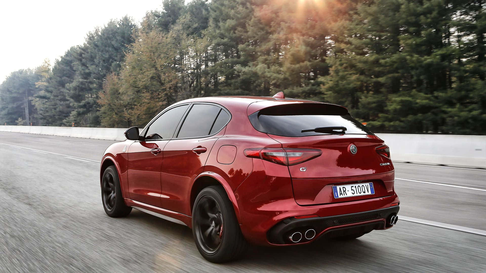 Alfa Romeo Stelvio, glossy red, tree-lined road, Full HD Desktop Wallpaper