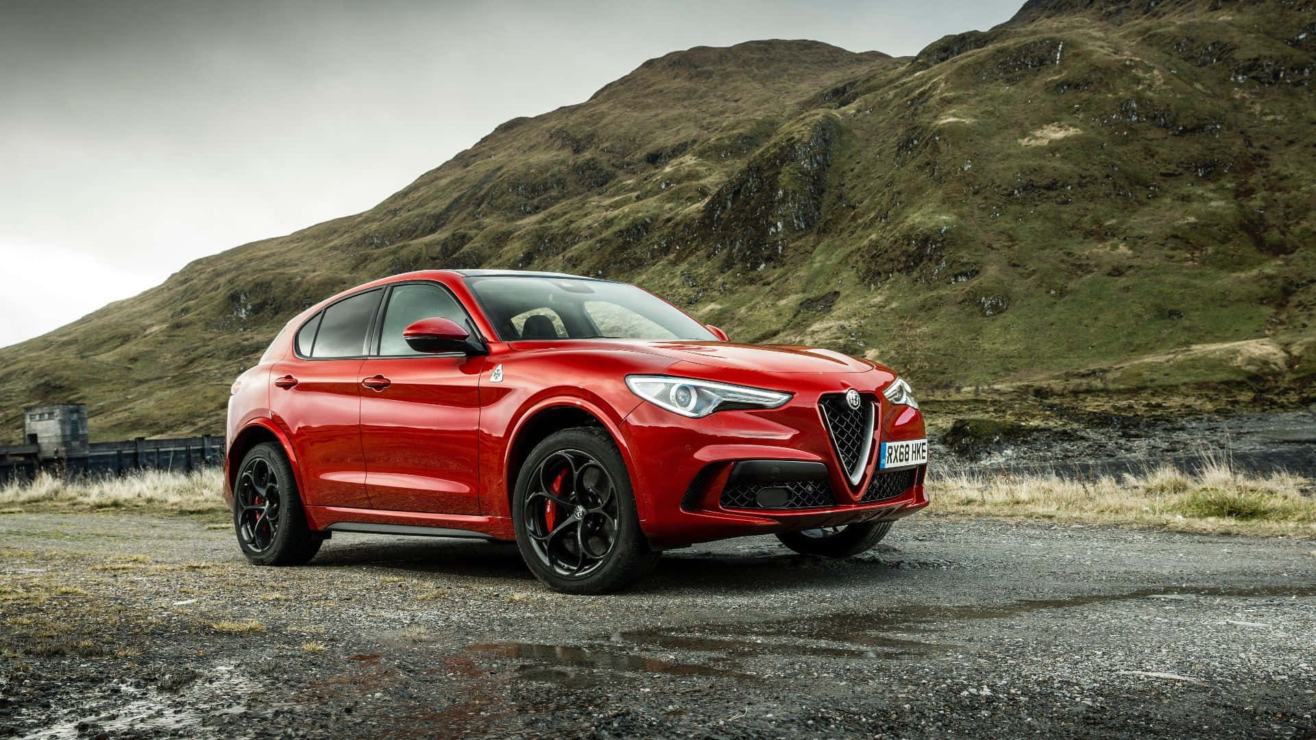 Alfa Romeo Stelvio, red, wet gravel road, Full HD Desktop Wallpaper