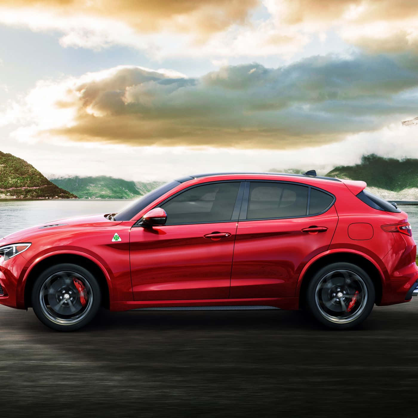 Alfa Romeo Stelvio, red, lakeside road, HD Desktop Wallpaper