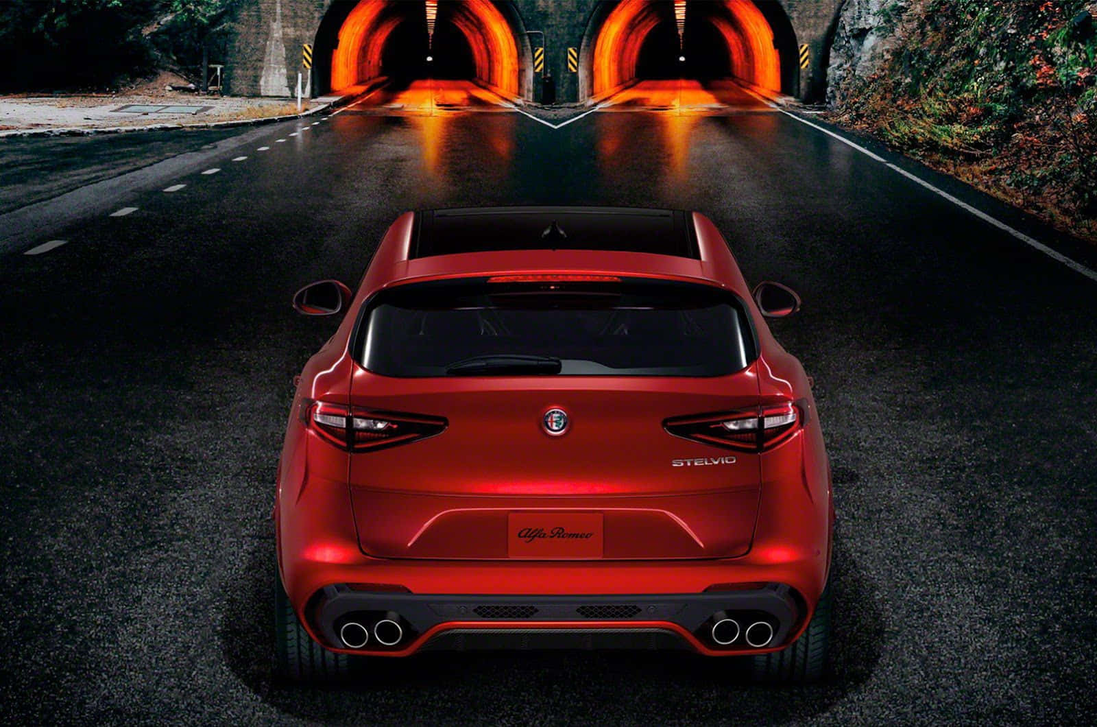 Alfa Romeo Stelvio, glossy red, glowing orange tunnels, HD Desktop Wallpaper