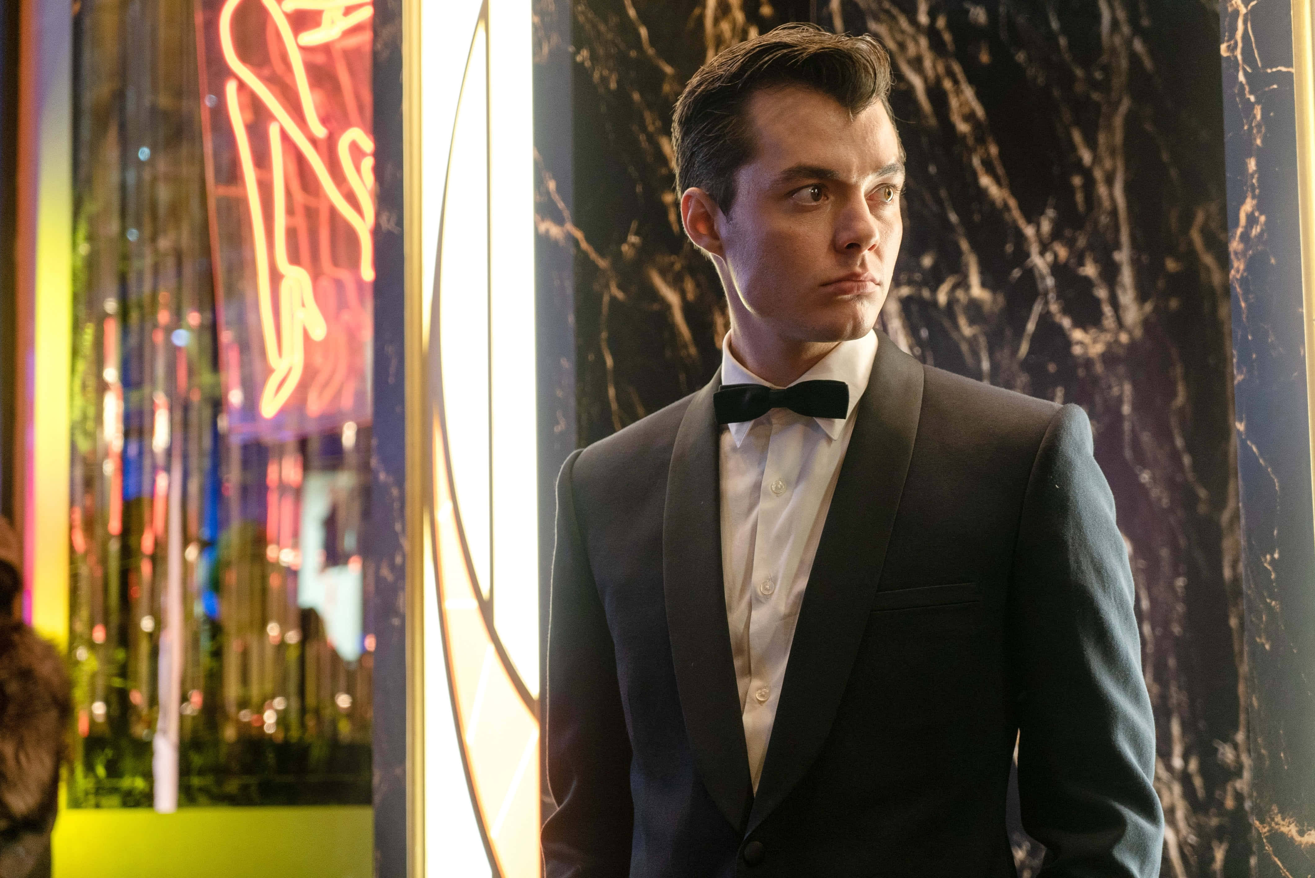 Alfred Pennyworth, tuxedo, neon lights, 4K Desktop Wallpaper