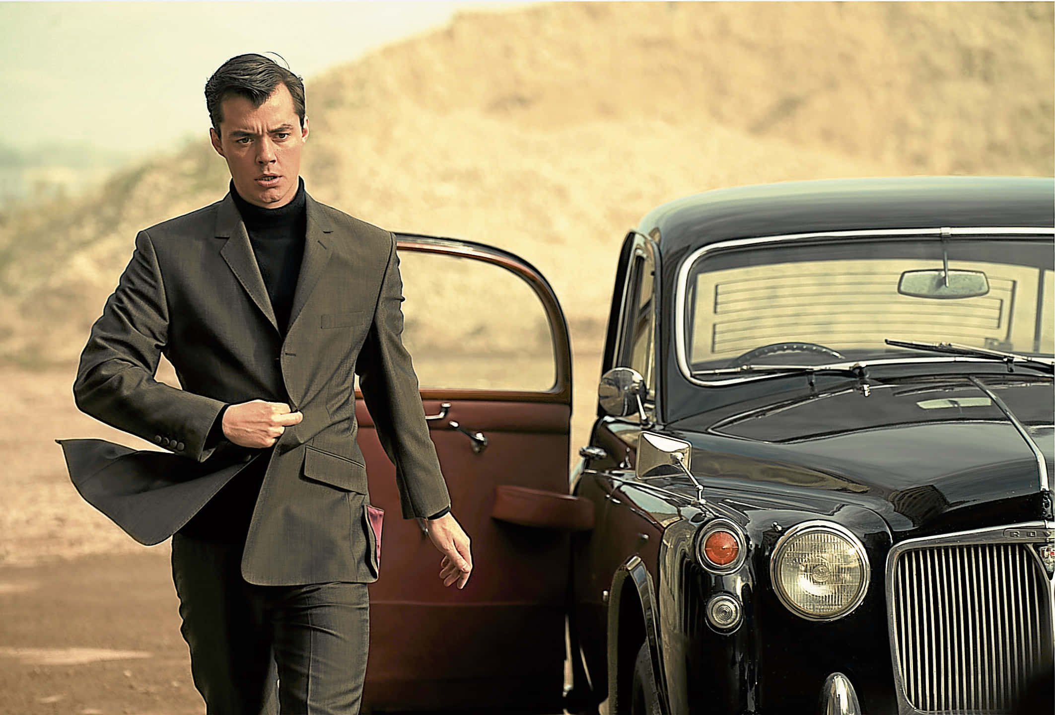 Alfred Pennyworth, dark suit, vintage black car, Full HD Desktop Wallpaper