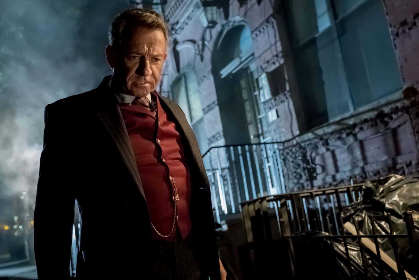Alfred Pennyworth, dark suit, red vest, HD Desktop Wallpaper
