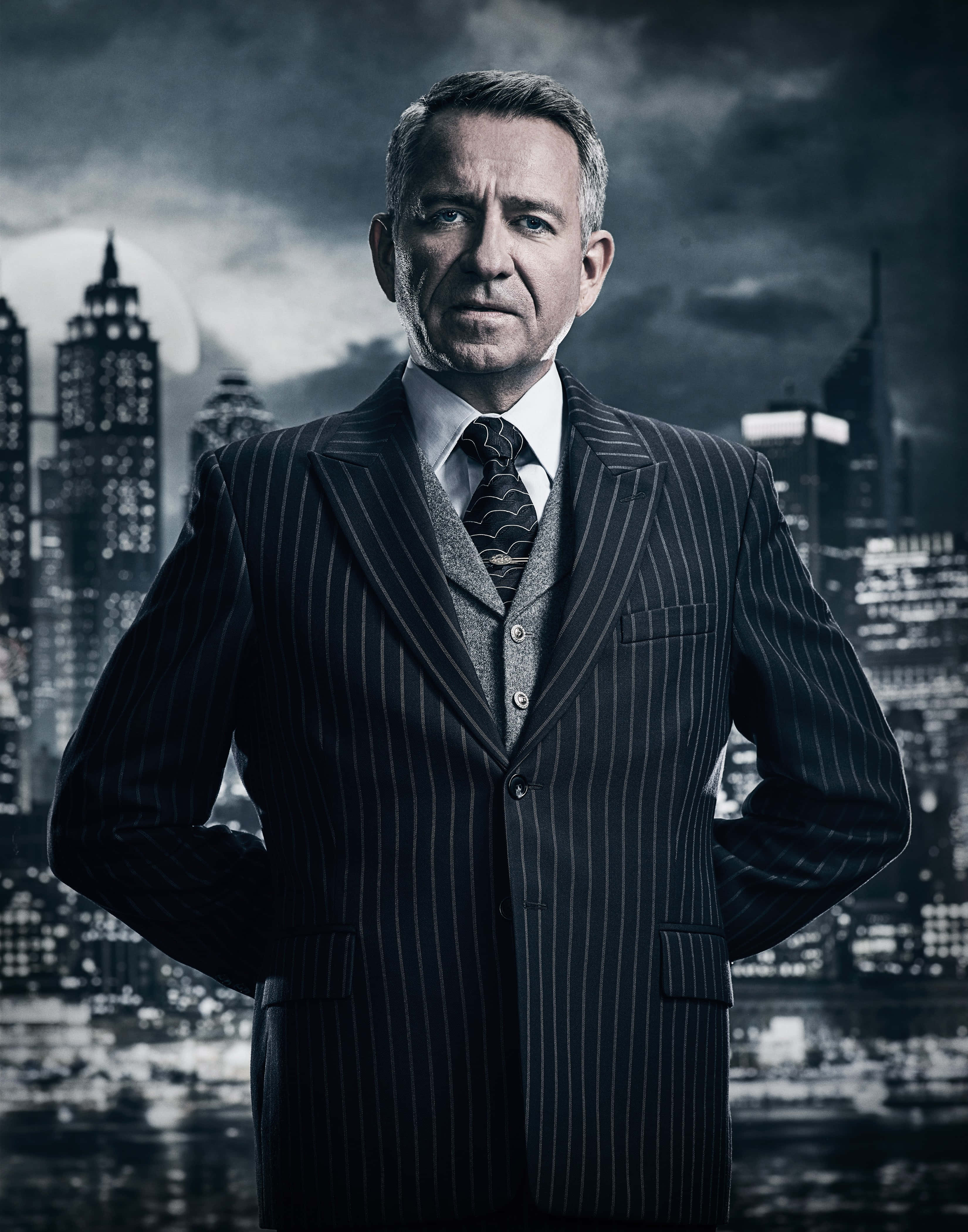 Alfred Pennyworth, pinstripe suit, city skyline, 4K Phone Wallpaper