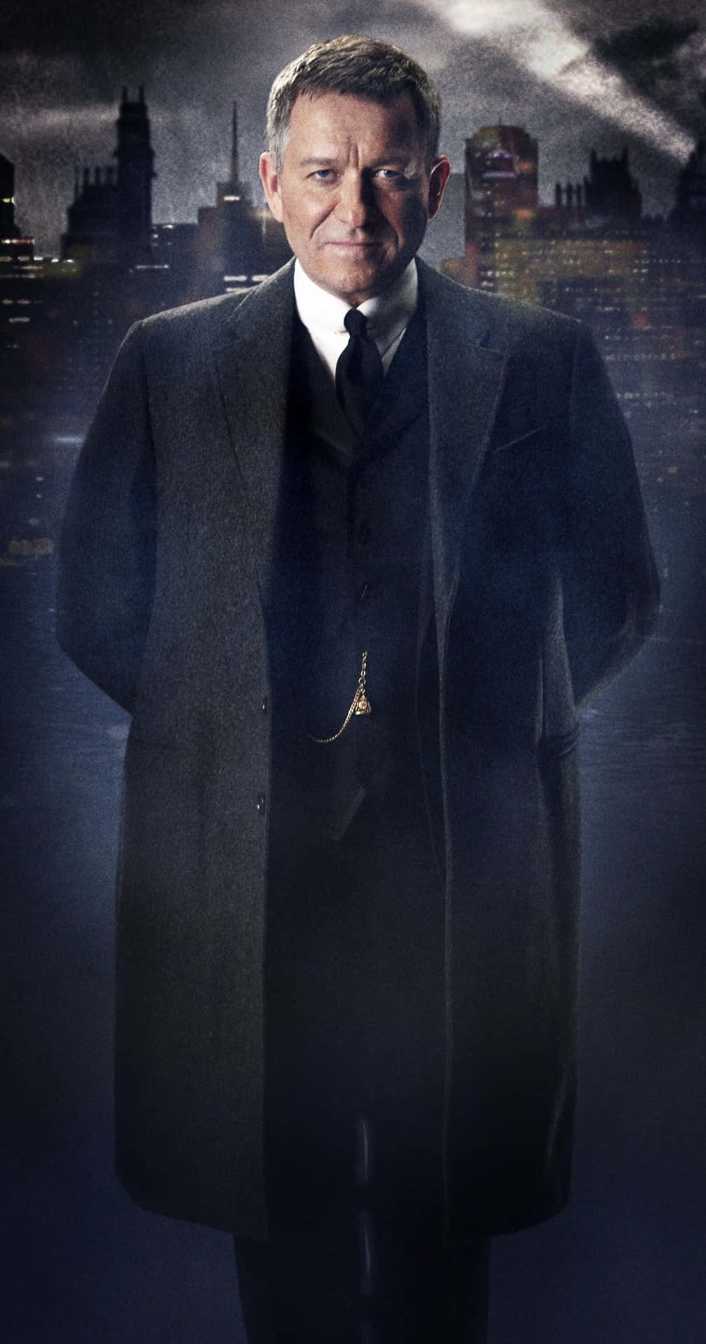 Alfred Pennyworth, dark overcoat, moody city skyline, Full HD Phone Wallpaper
