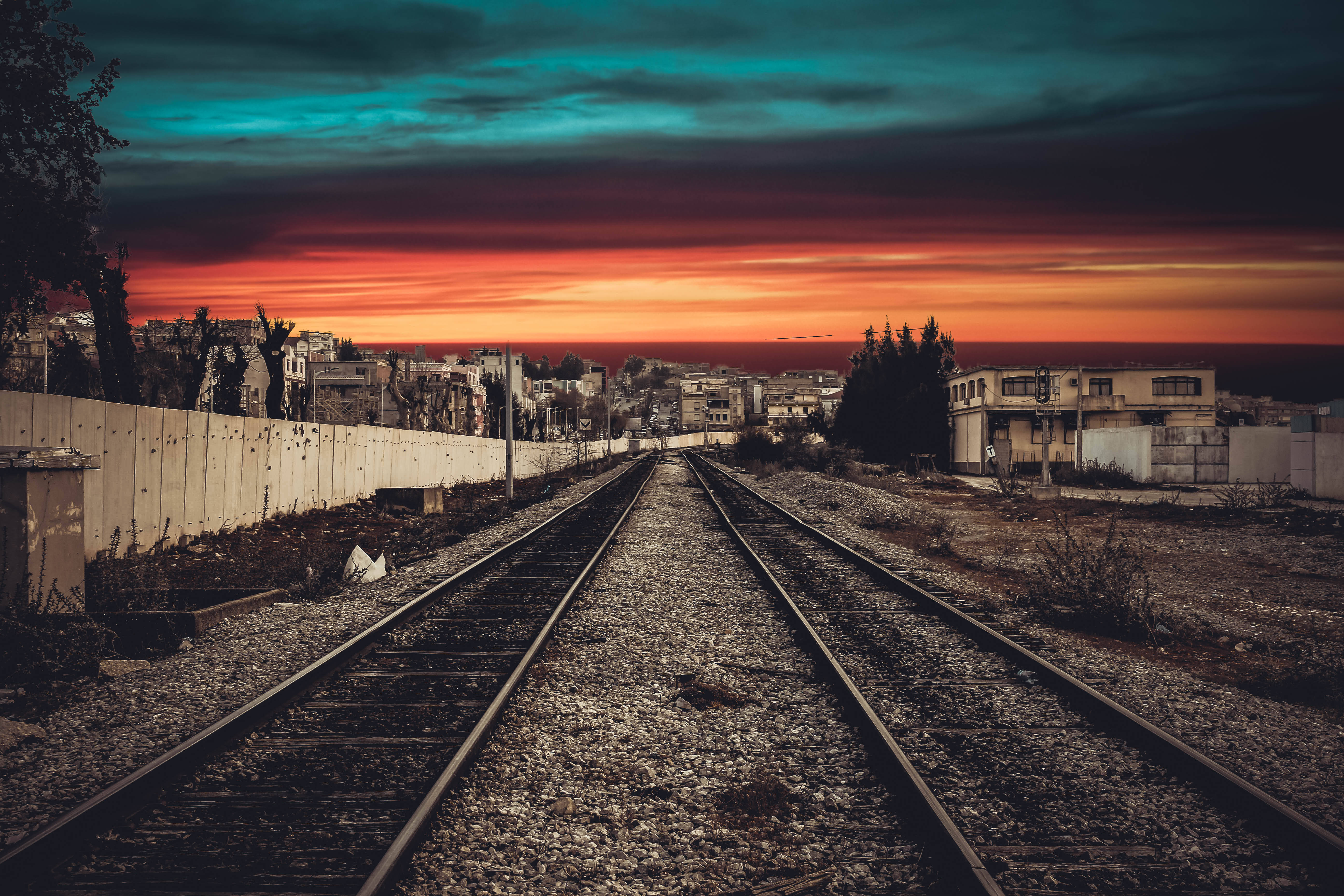 Algeria, railroad tracks, vibrant sunset, 5K Desktop Wallpaper