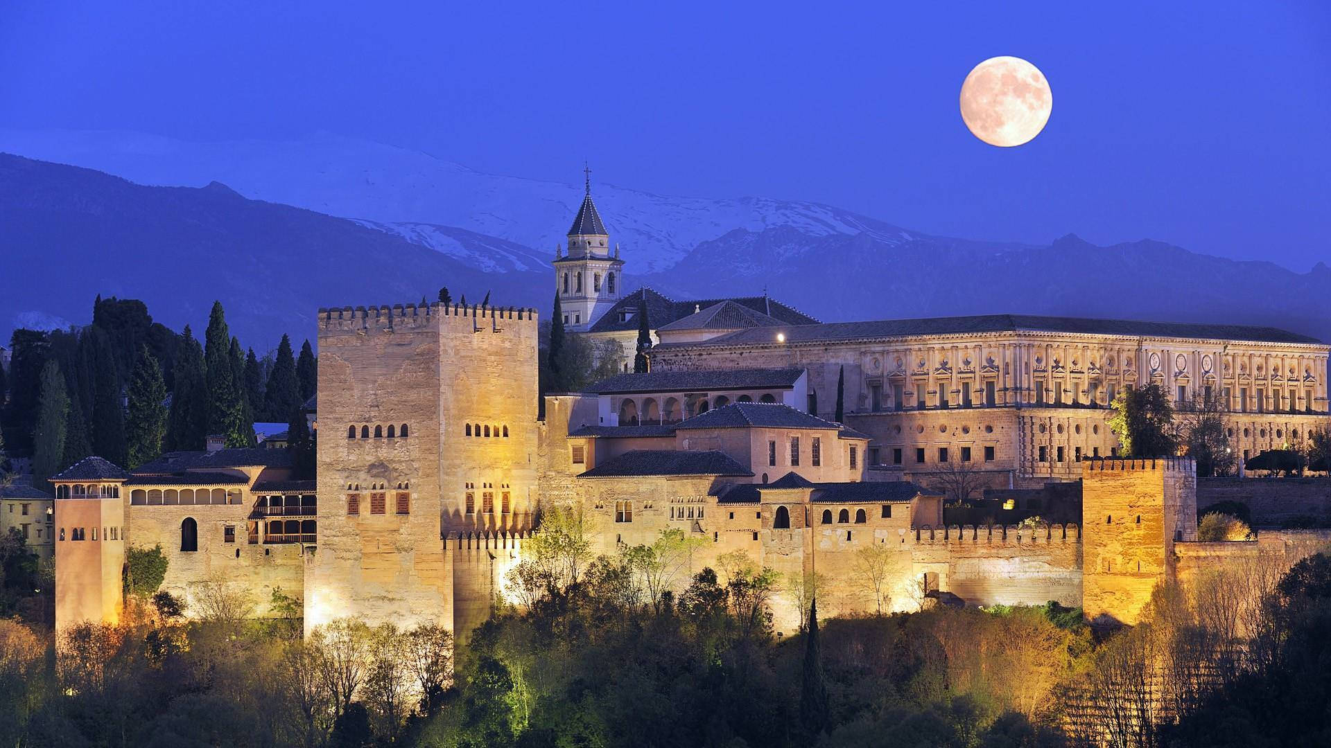 Alhambra, moon, twilight sky, Full HD Desktop Wallpaper