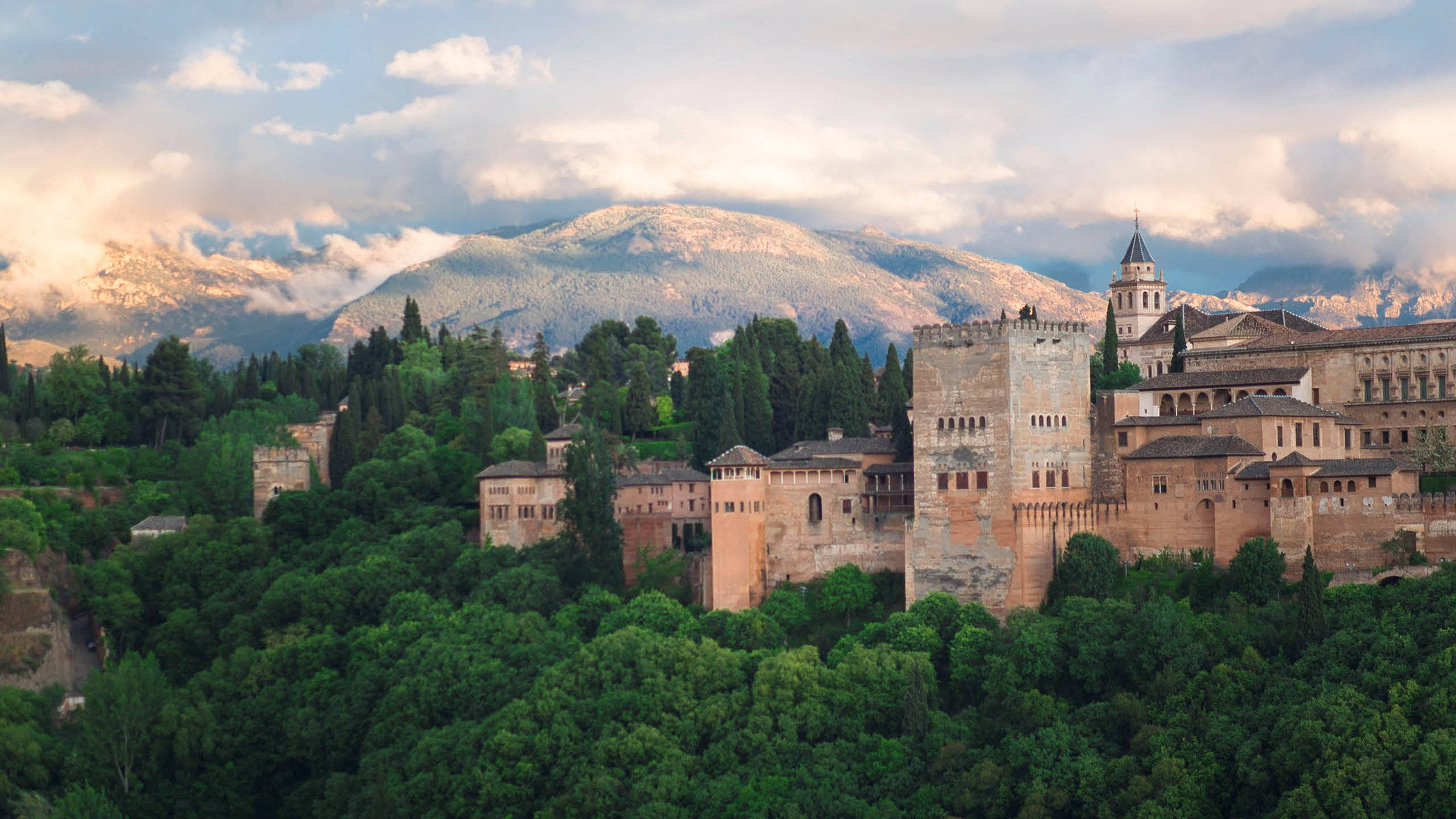 Alhambra, lush green hillside, snow-capped mountains, Full HD Desktop Wallpaper