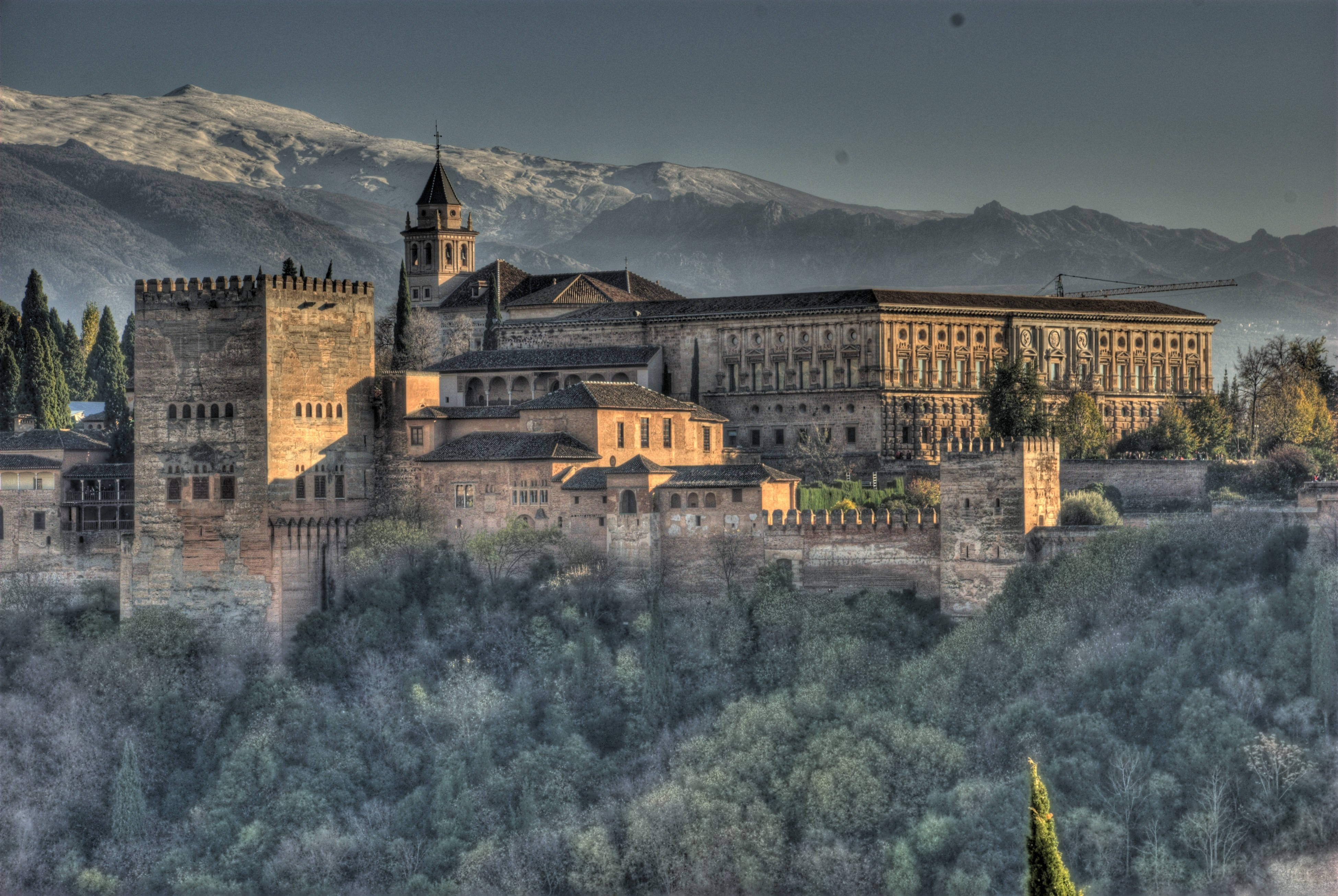 Alhambra, grayish trees, snow-capped mountains, 4K Desktop Wallpaper