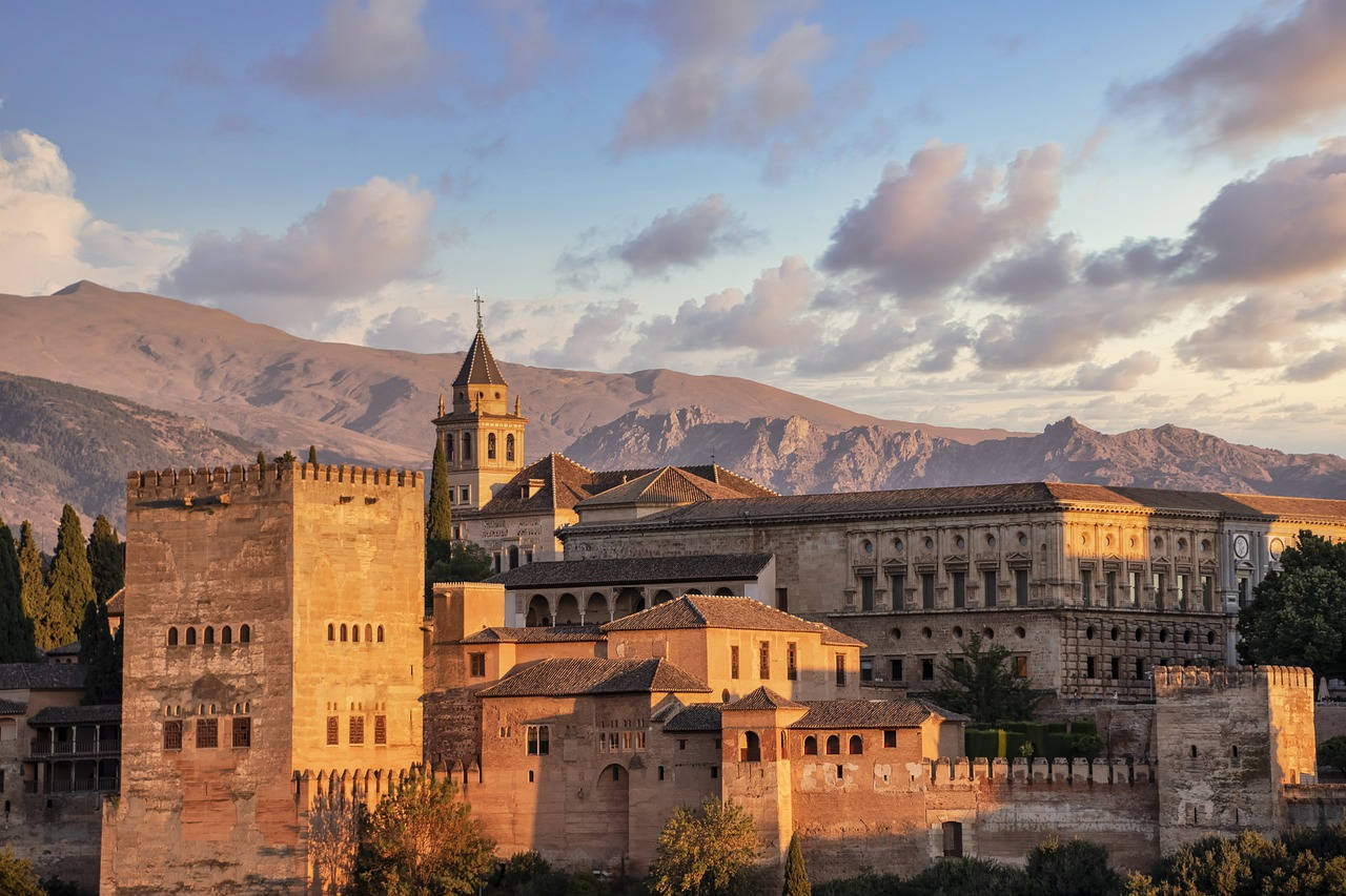 Alhambra, Sunset, Clouds, HD Desktop Wallpaper