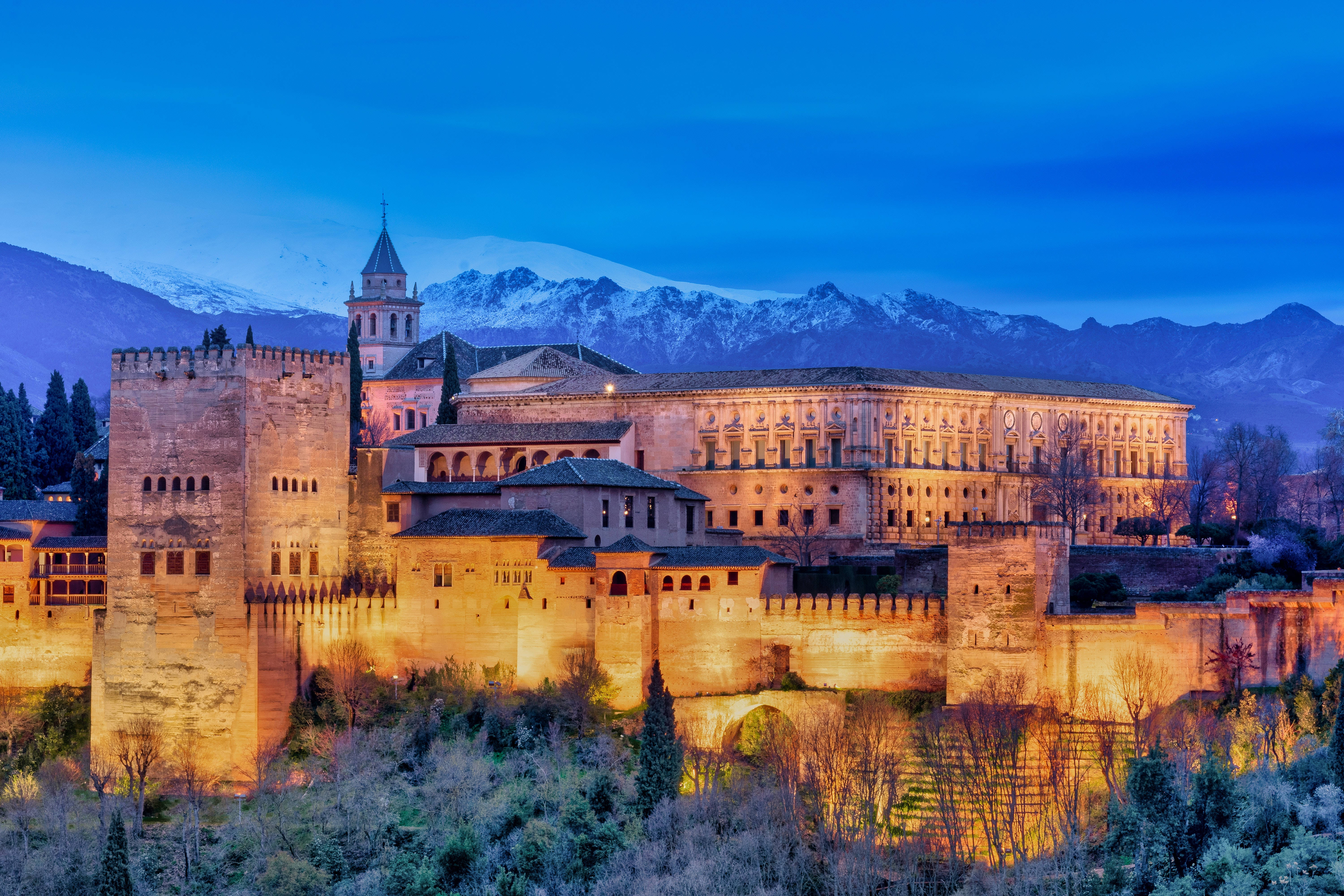 Alhambra, blue evening sky, twilight sky, 5K Desktop Wallpaper
