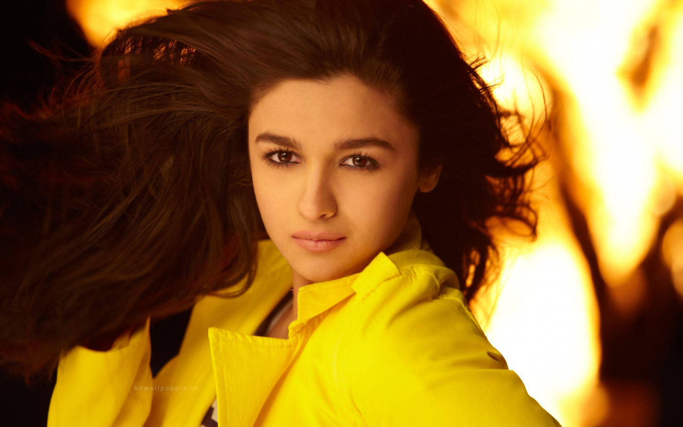 Alia Bhatt, yellow dress, fiery backdrop, HD Desktop Wallpaper