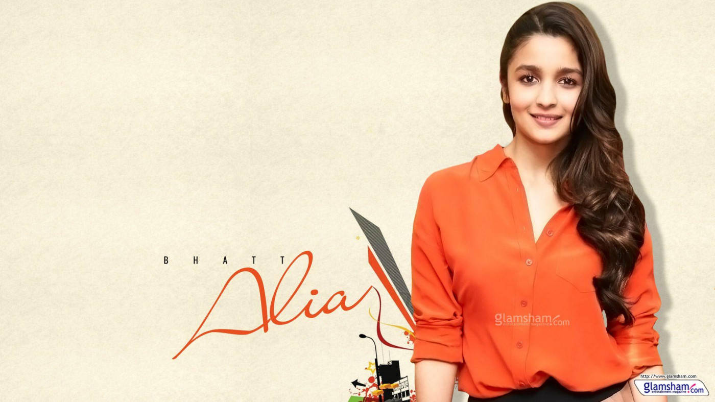 Alia Bhatt, orange blouse, textured beige background, HD Desktop Wallpaper