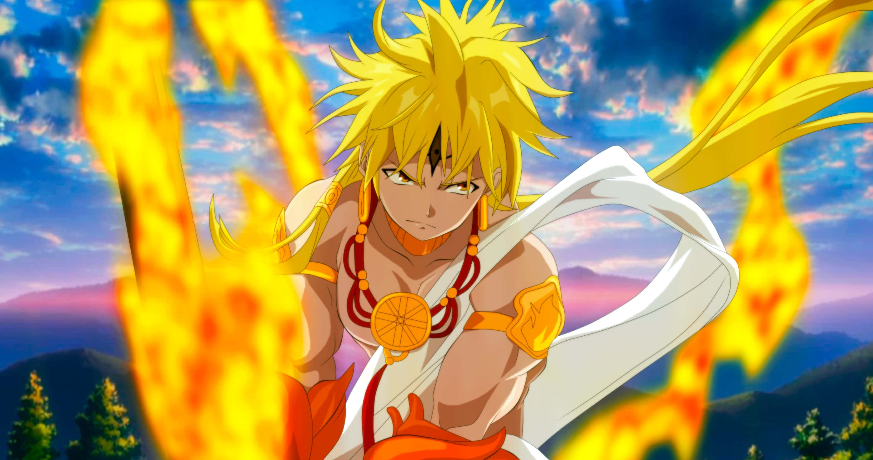 Alibaba Saluja, spiky-haired anime warrior, white and orange armor, 2K Desktop Wallpaper