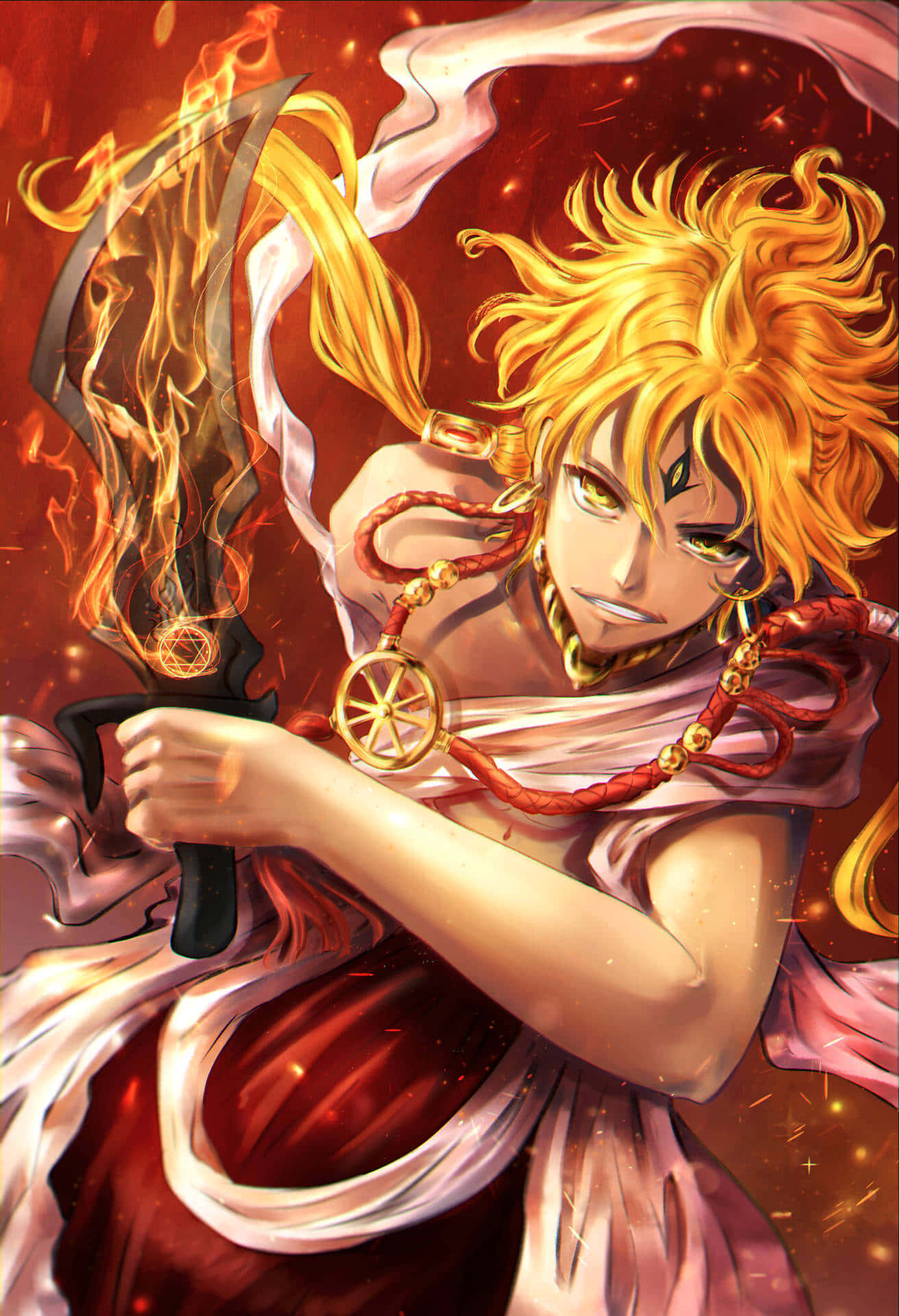 Alibaba Saluja, flaming sword, fiery-haired anime warrior, Full HD Phone Wallpaper