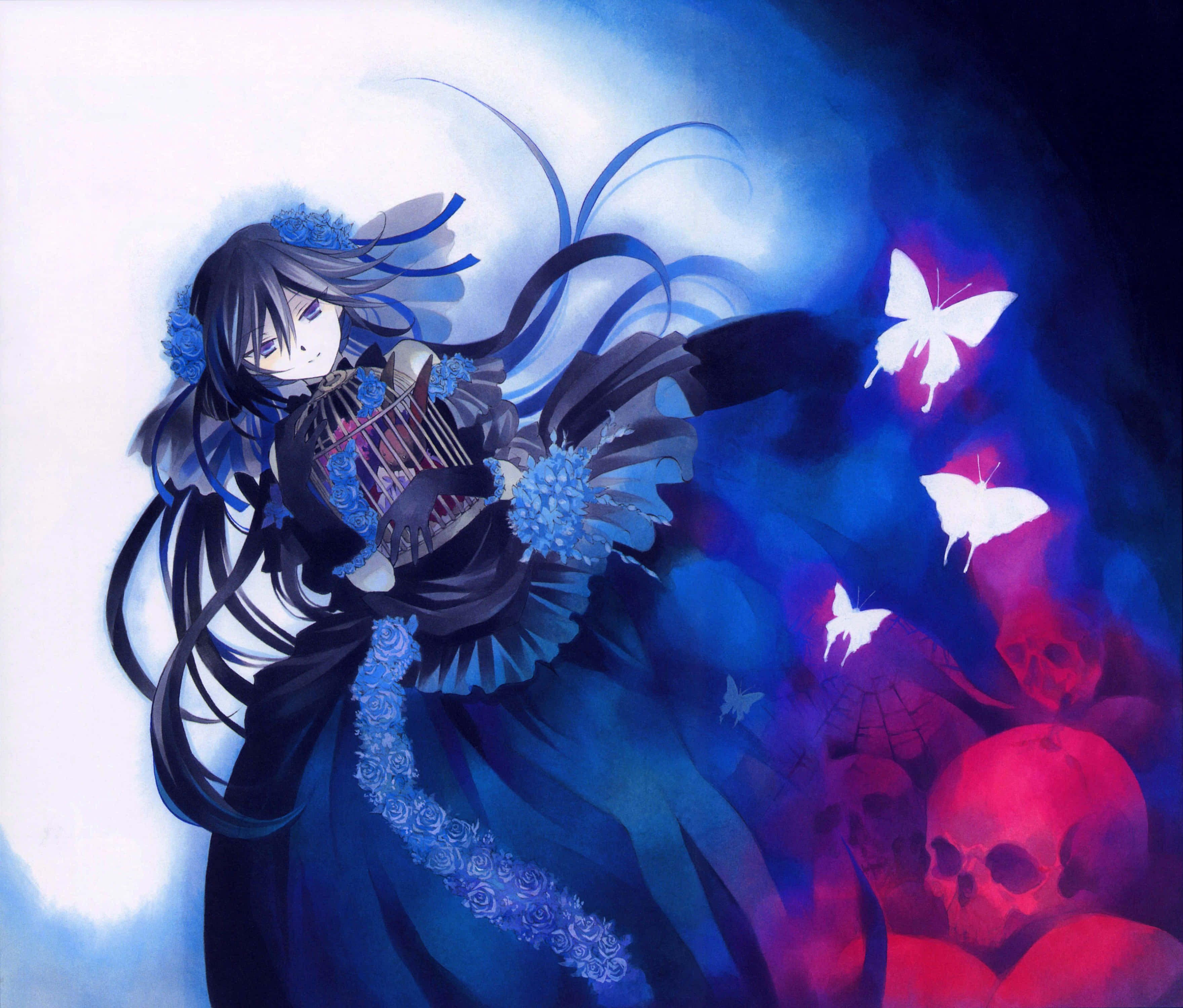 Alice Baskerville, blue dress, butterflies, 2K Desktop Wallpaper