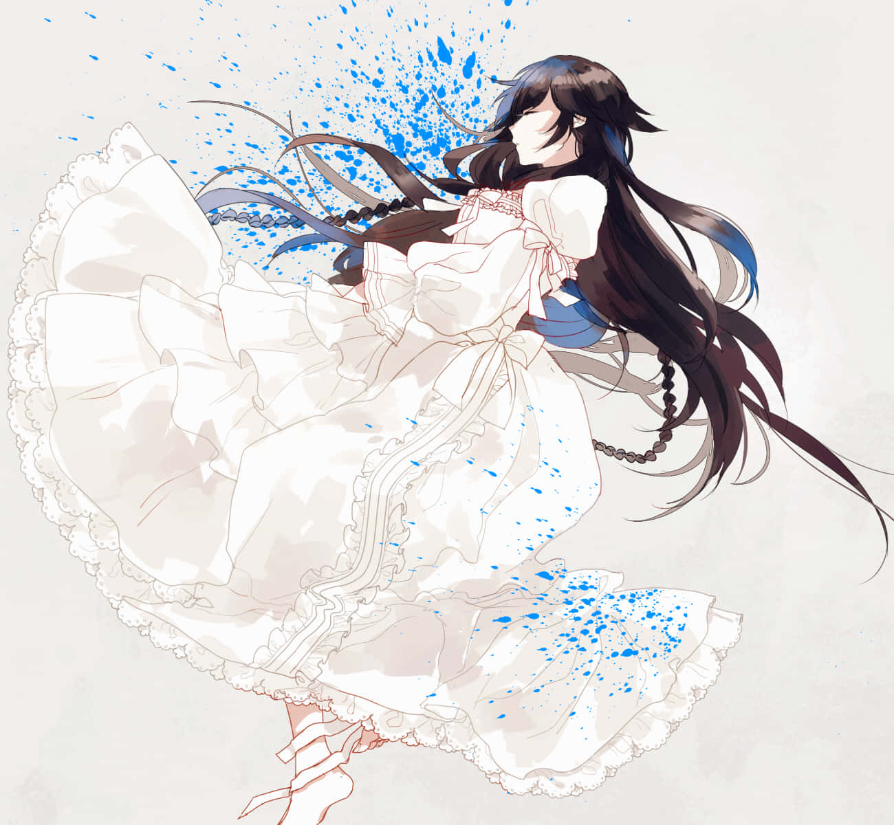 Alice Baskerville, white frilly dress, blue paint splatters, HD Desktop Wallpaper