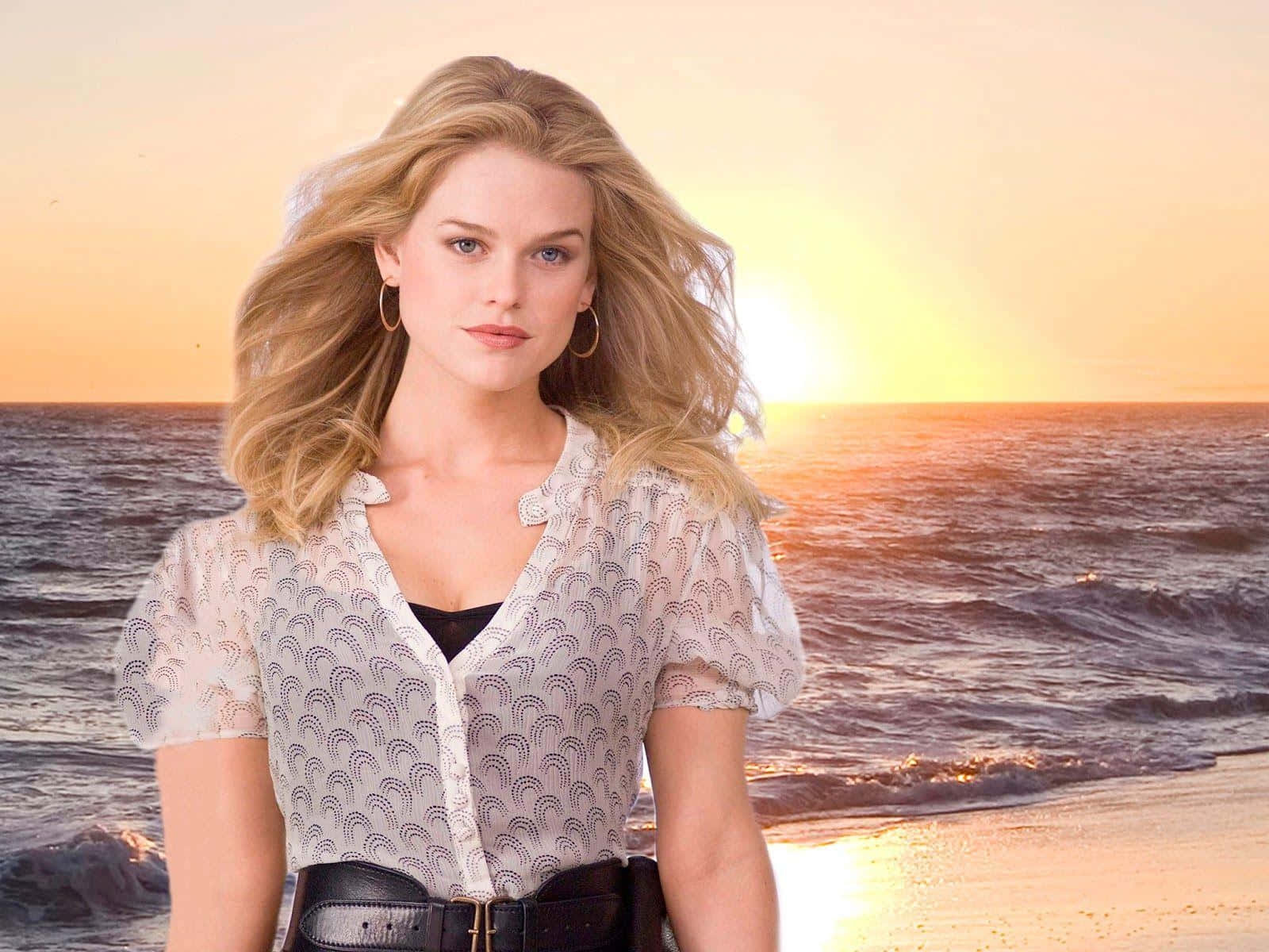 Alice Eve, beach, sunset, HD Desktop Wallpaper